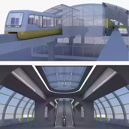 Monorail station with trains 3D model