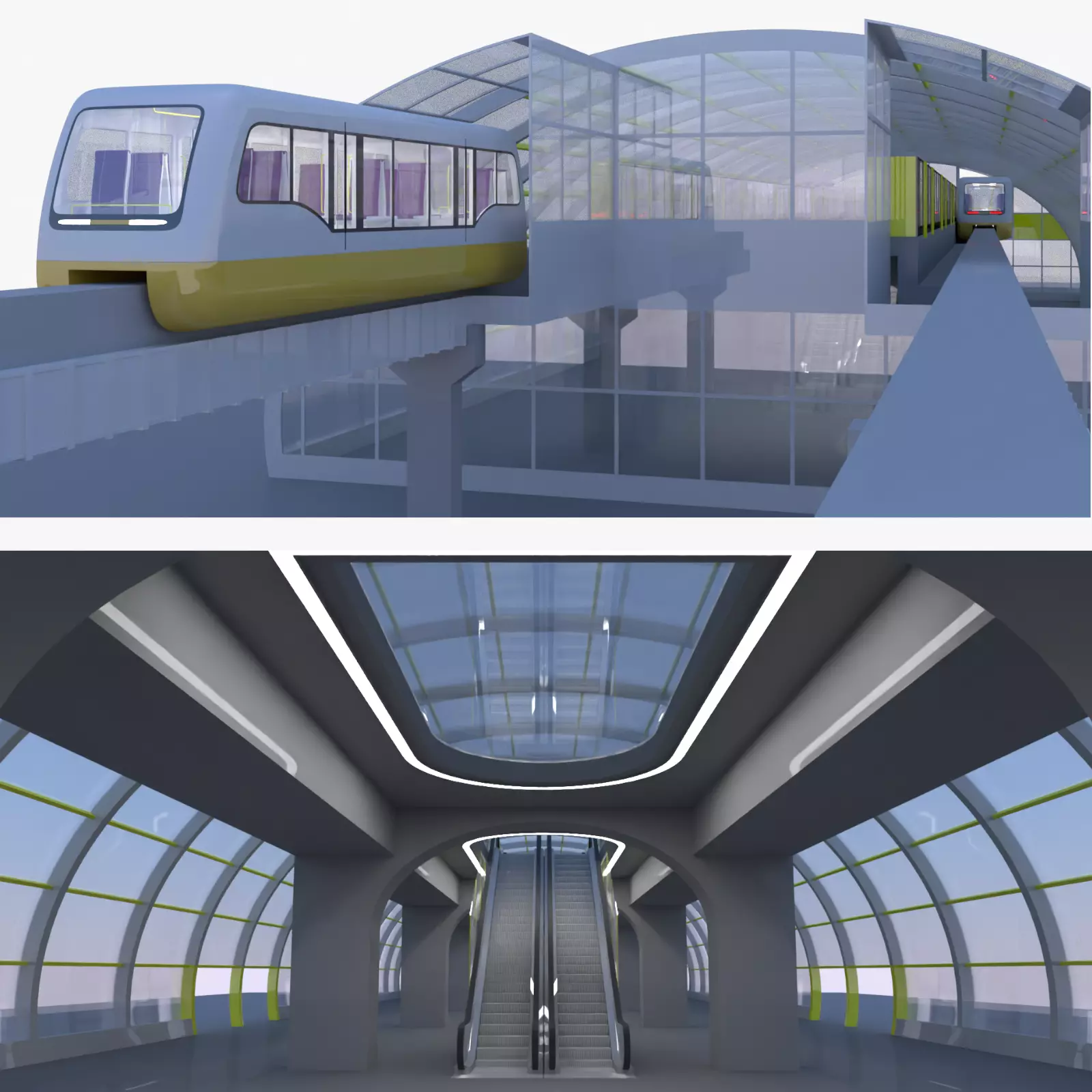 Monorail station with trains 3D model_0