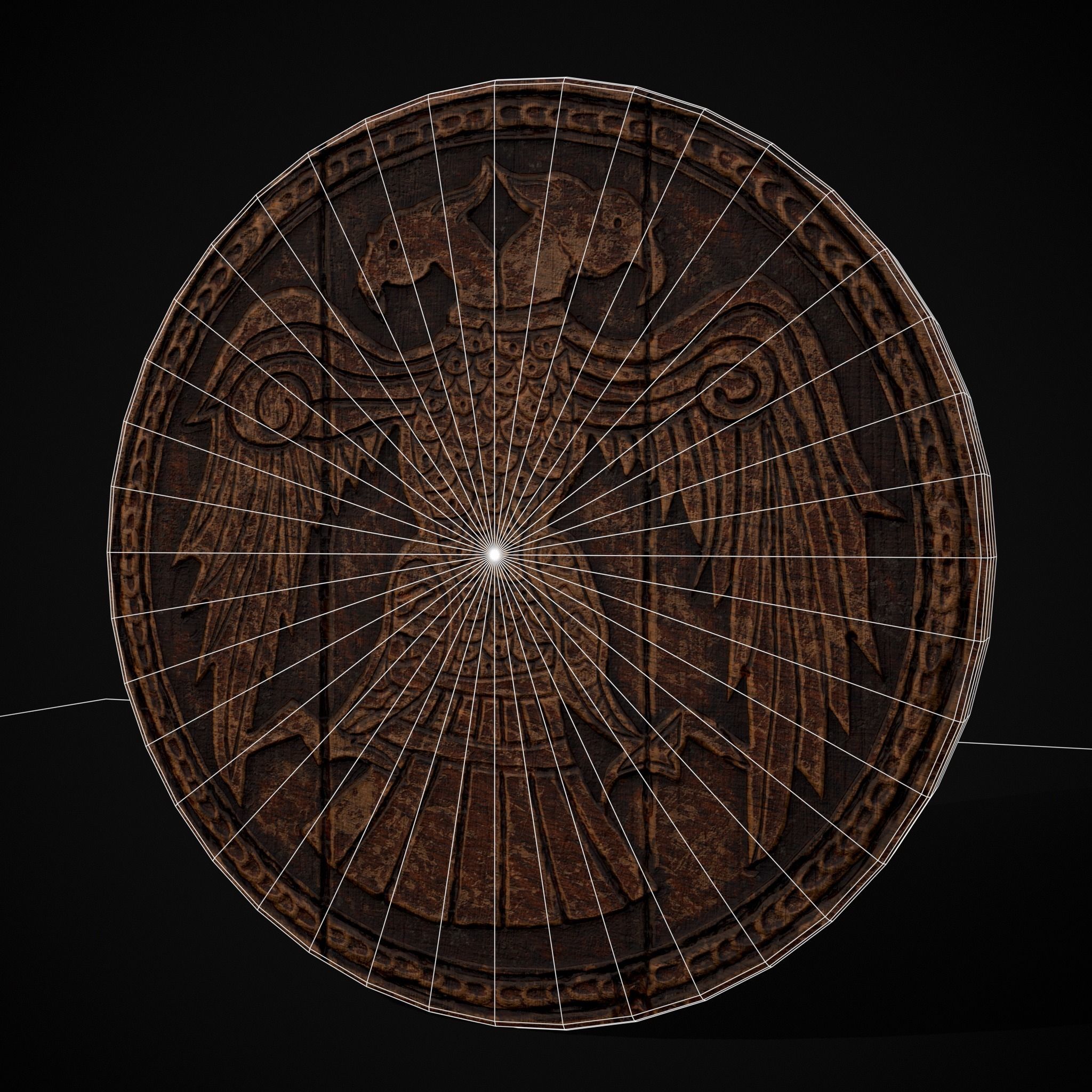Carved Round Wooden Phoenix Shield Low-poly 3D model_26