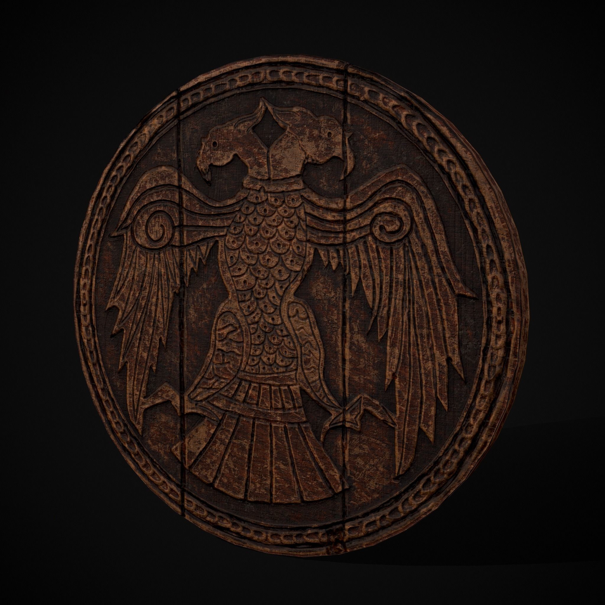 Carved Round Wooden Phoenix Shield Low-poly 3D model_29