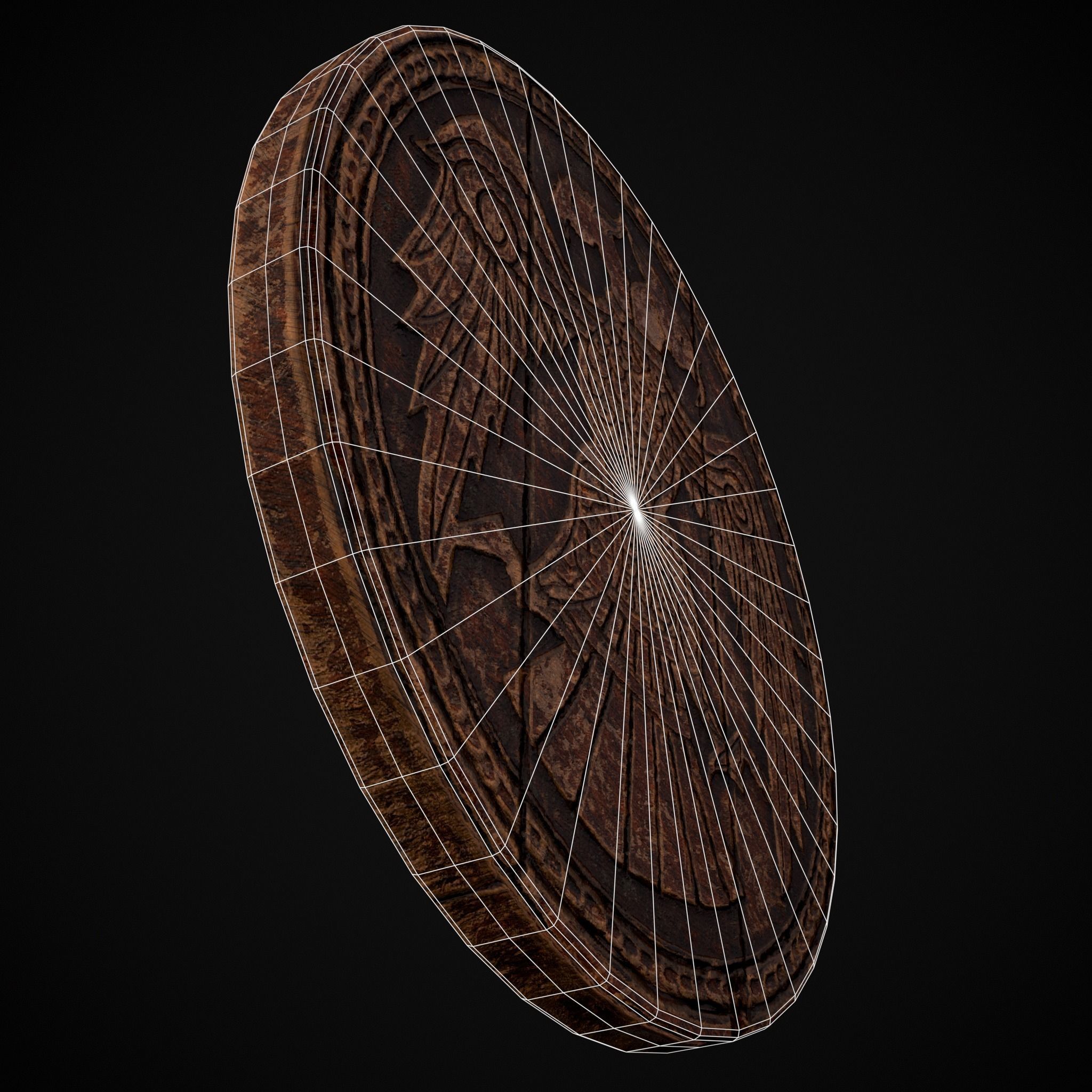 Carved Round Wooden Phoenix Shield Low-poly 3D model_24
