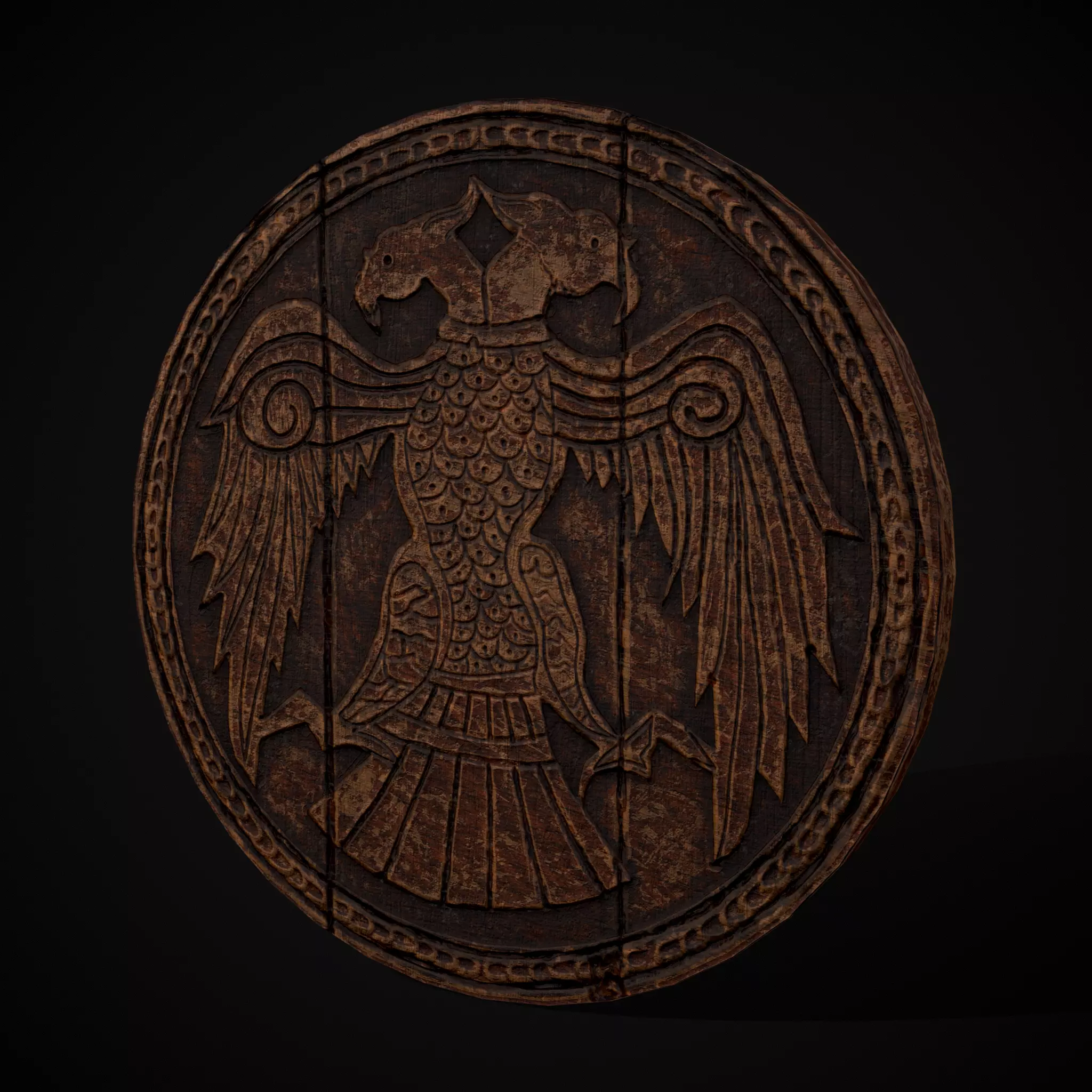 Carved Round Wooden Phoenix Shield Low-poly 3D model_0