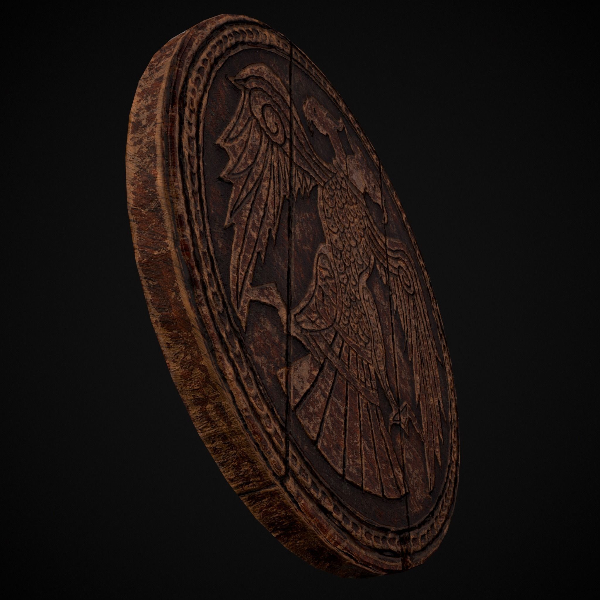 Carved Round Wooden Phoenix Shield Low-poly 3D model_23