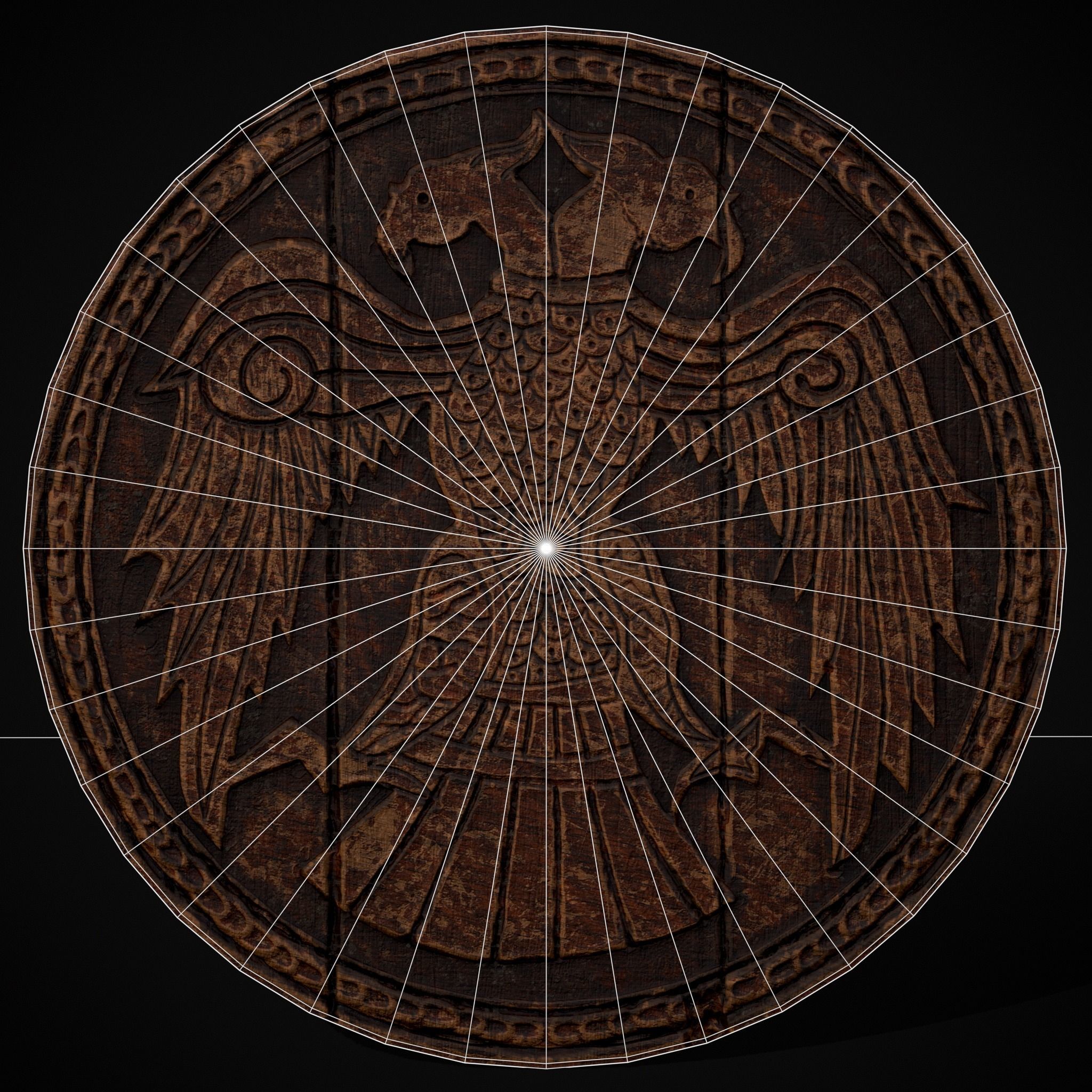 Carved Round Wooden Phoenix Shield Low-poly 3D model_14