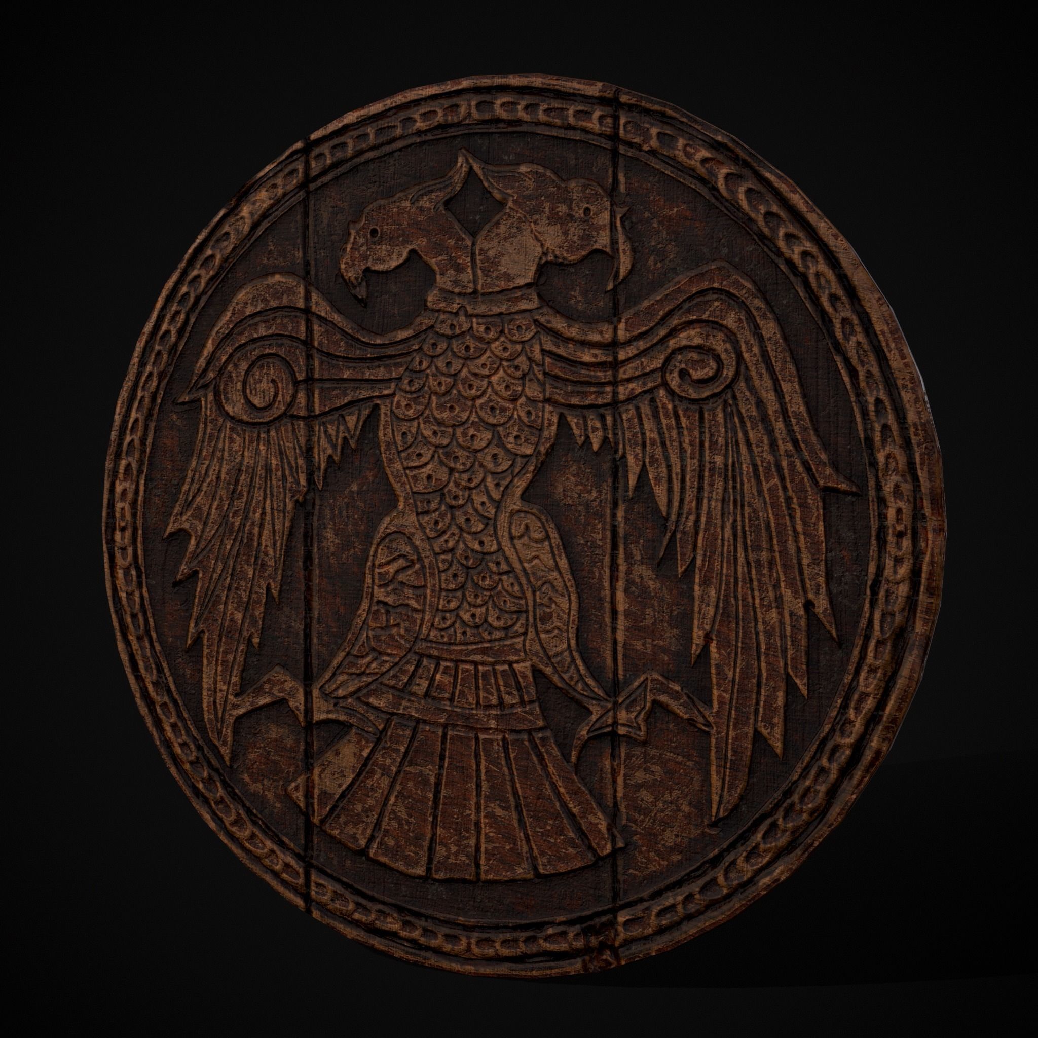 Carved Round Wooden Phoenix Shield Low-poly 3D model_25