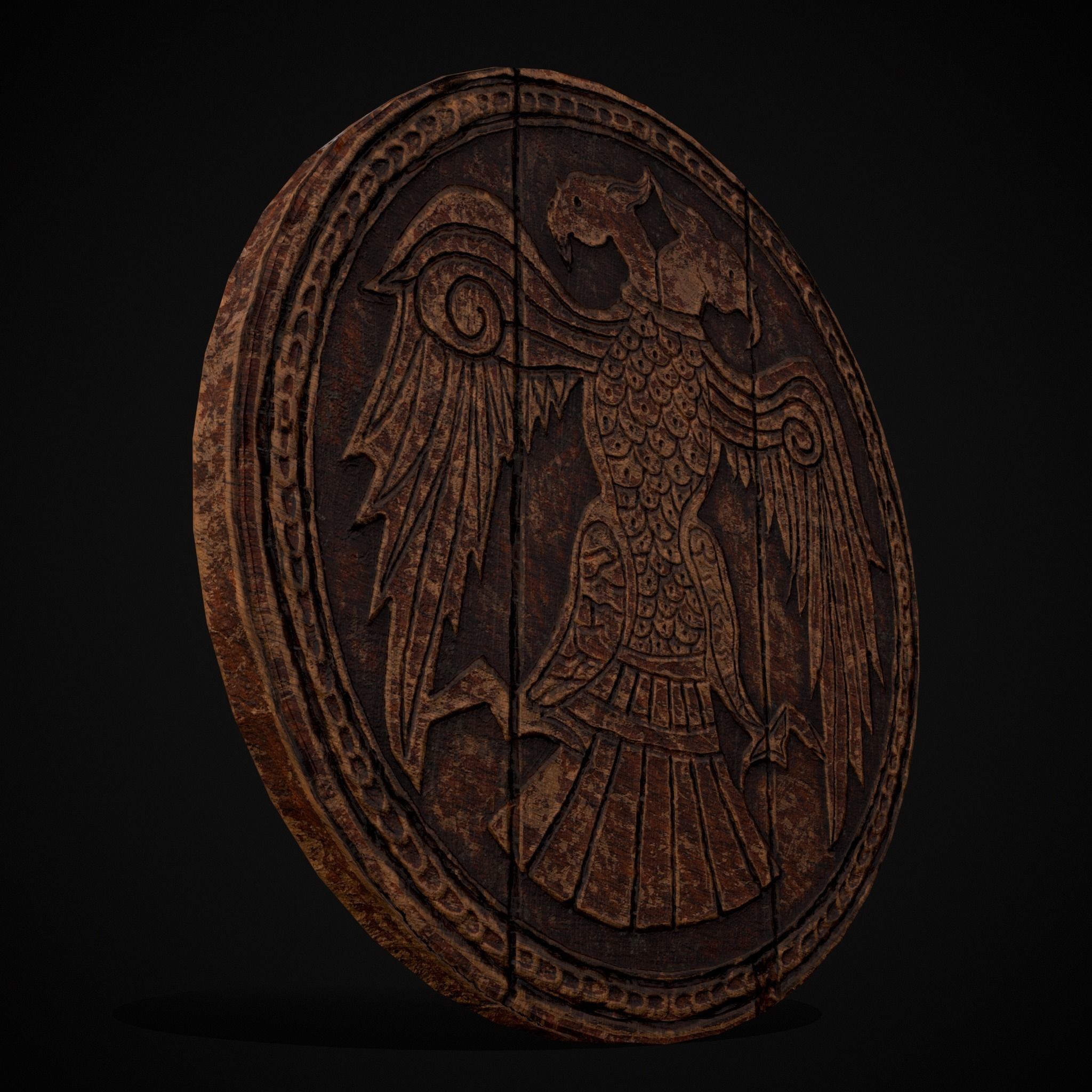 Carved Round Wooden Phoenix Shield Low-poly 3D model_15