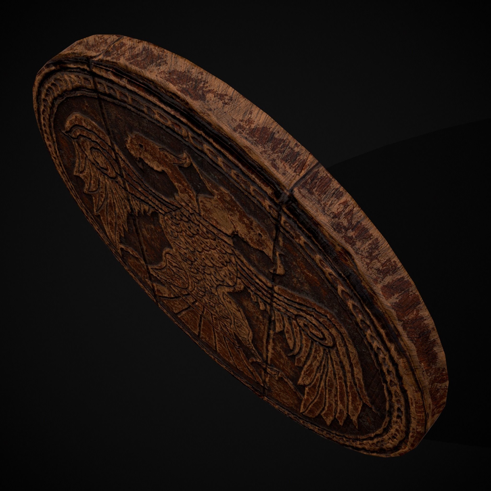 Carved Round Wooden Phoenix Shield Low-poly 3D model_19