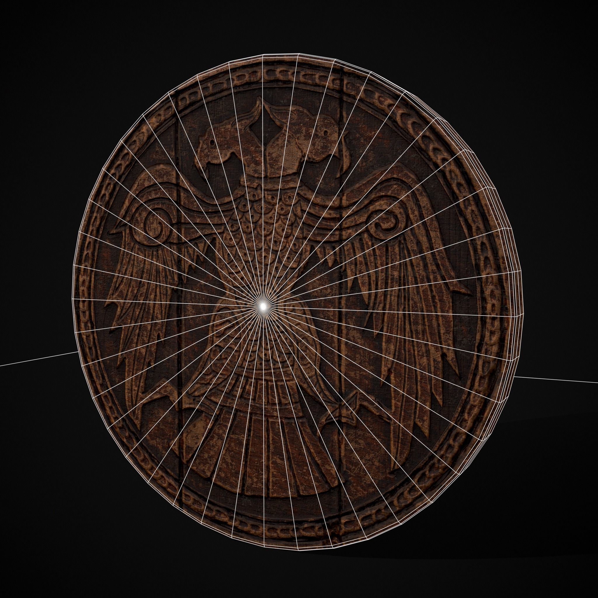 Carved Round Wooden Phoenix Shield Low-poly 3D model_2