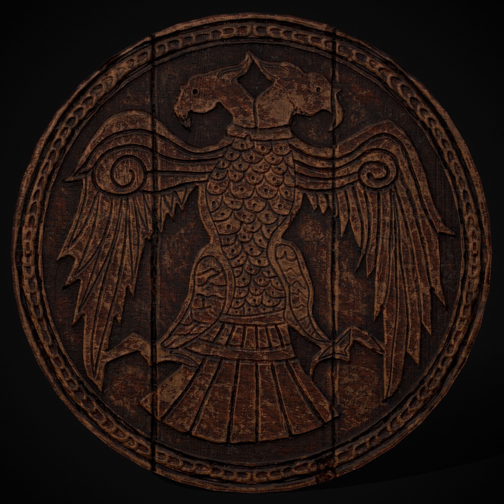 Carved Round Wooden Phoenix Shield Low-poly 3D model_13