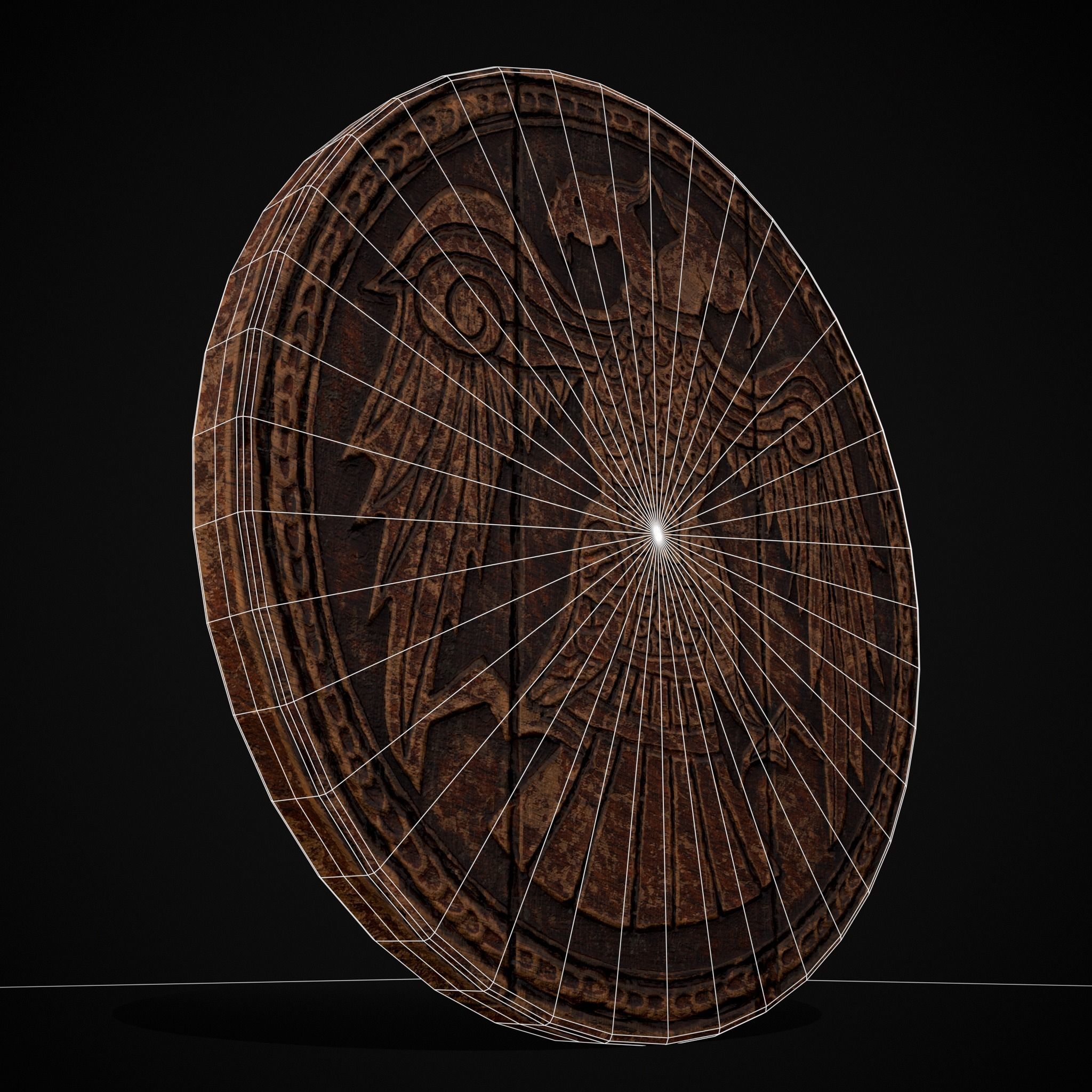 Carved Round Wooden Phoenix Shield Low-poly 3D model_16