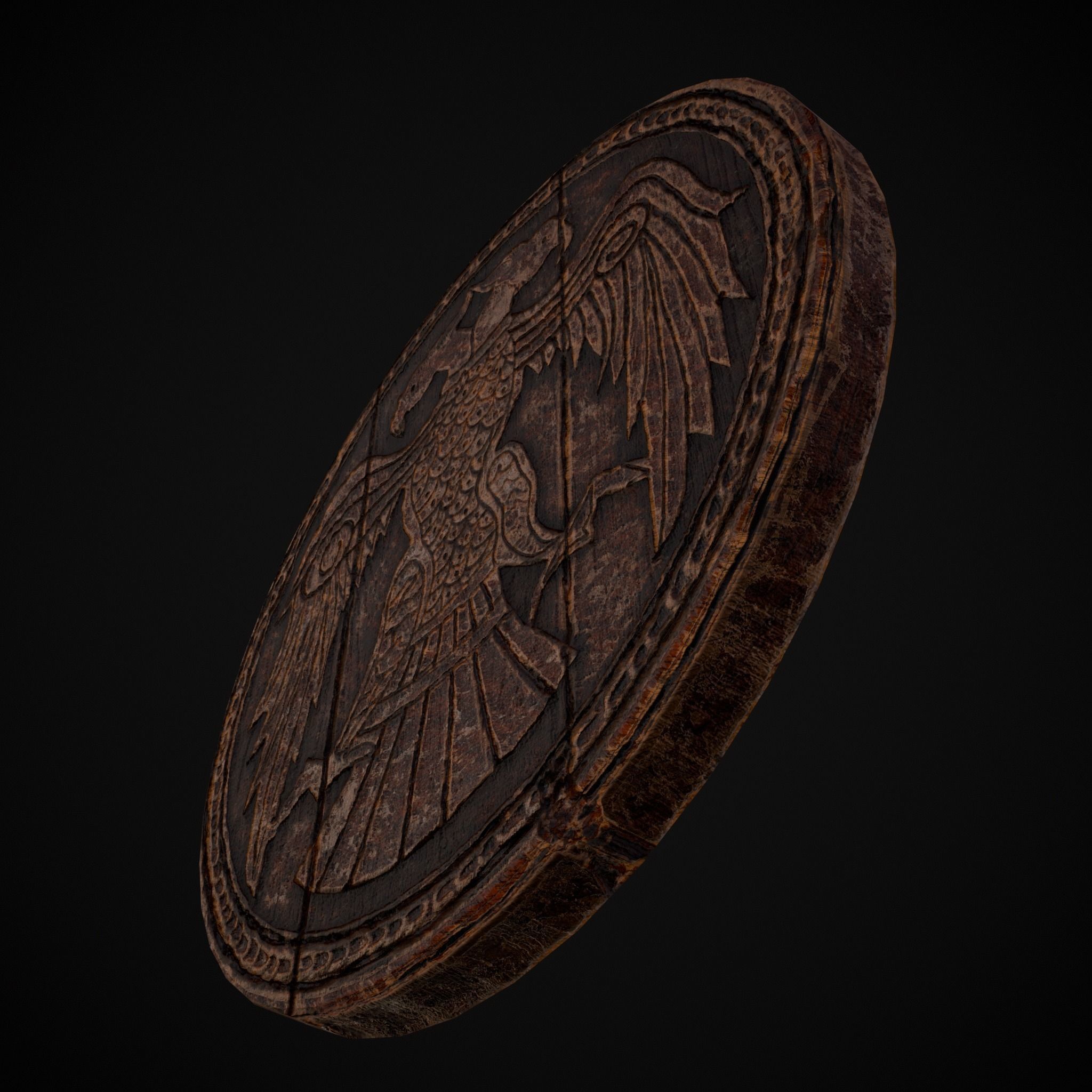 Carved Round Wooden Phoenix Shield Low-poly 3D model_21