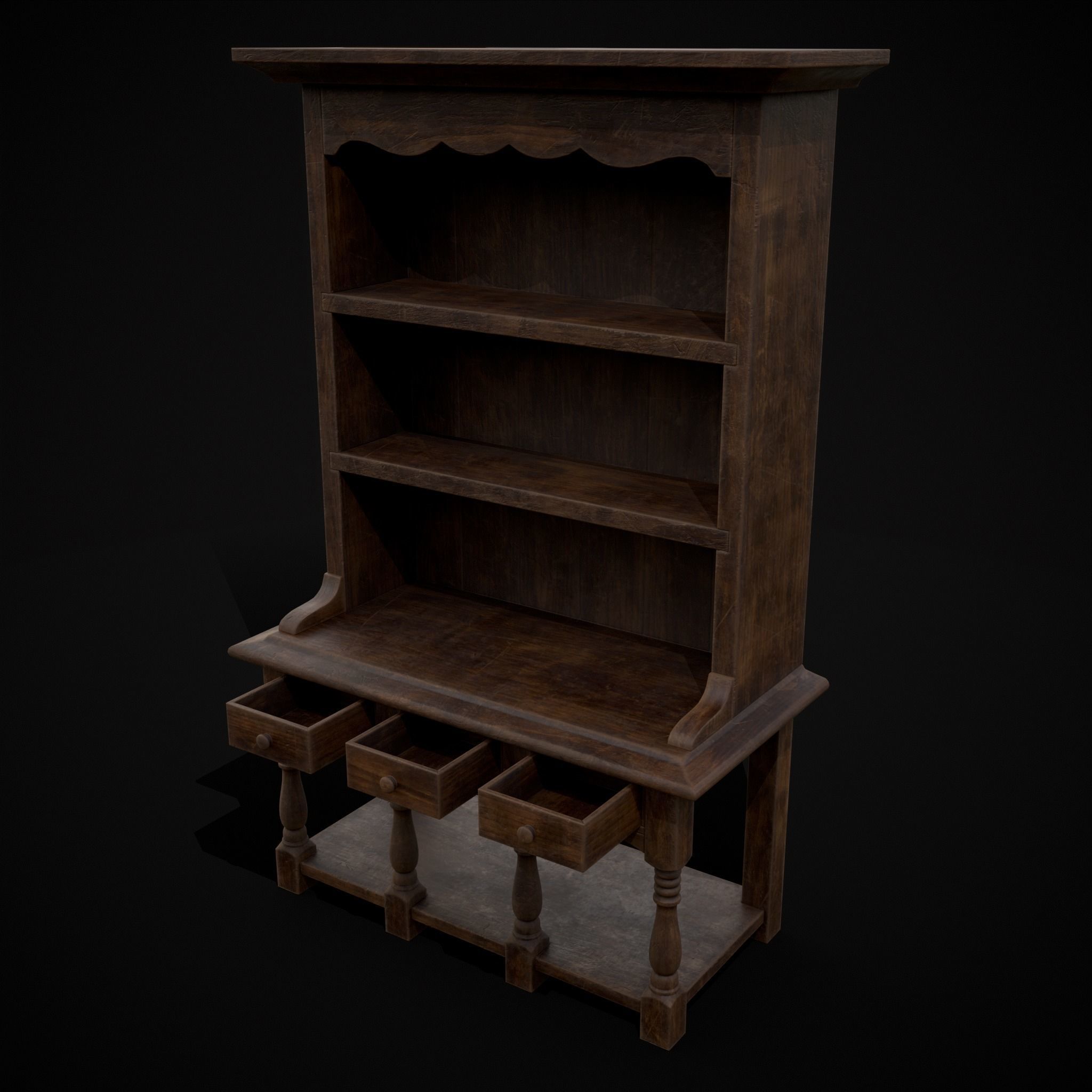 Wooden Three Drawer Standard Bookcase Shelf Low-poly 3D model_9