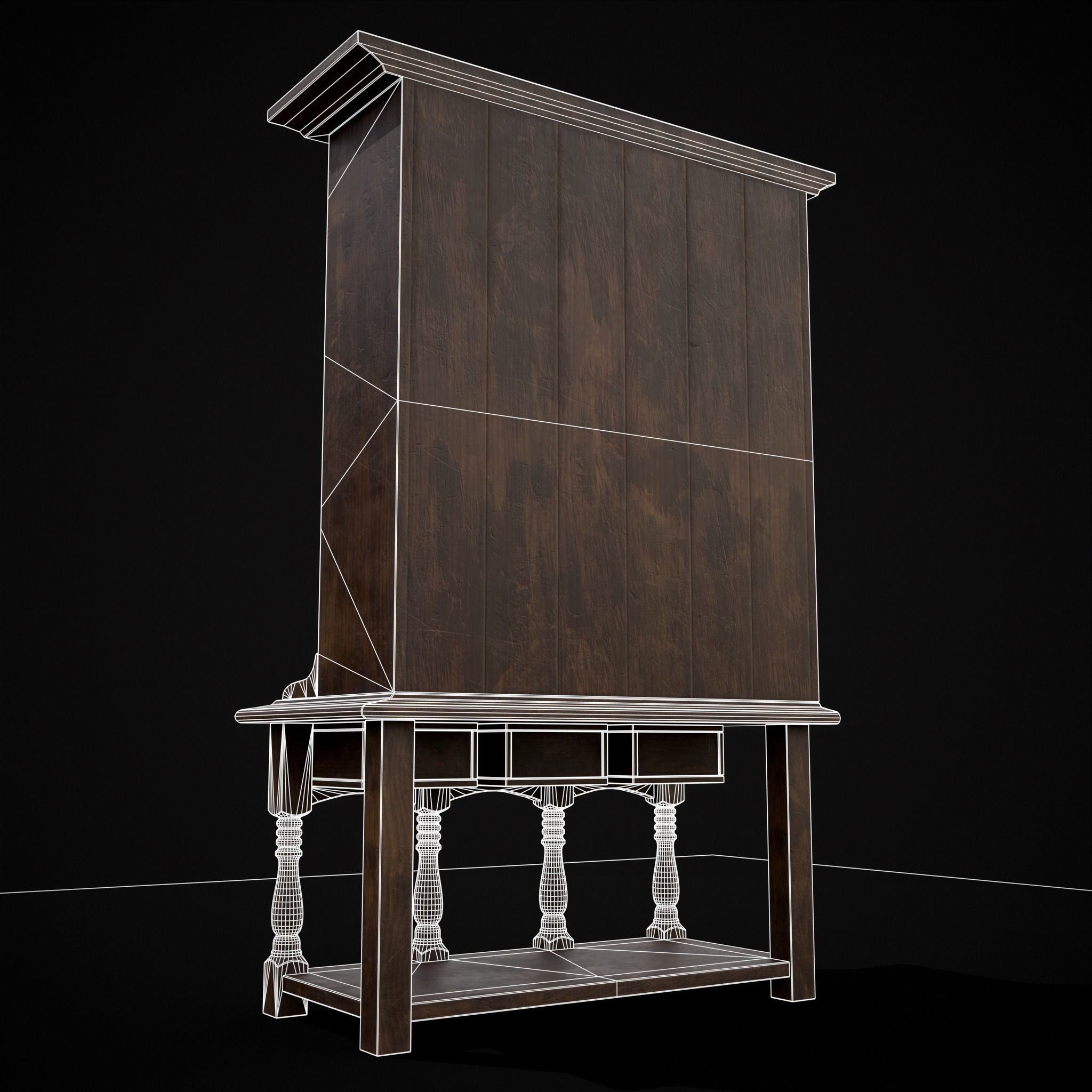 Wooden Three Drawer Standard Bookcase Shelf Low-poly 3D model_4