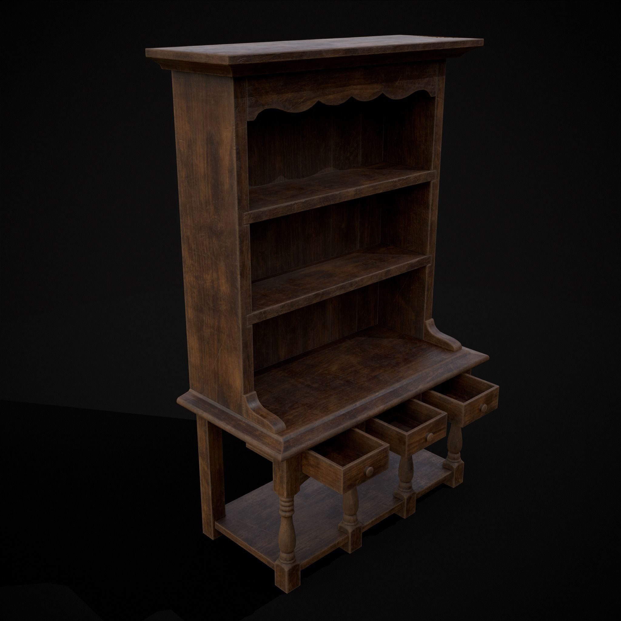 Wooden Three Drawer Standard Bookcase Shelf Low-poly 3D model_13