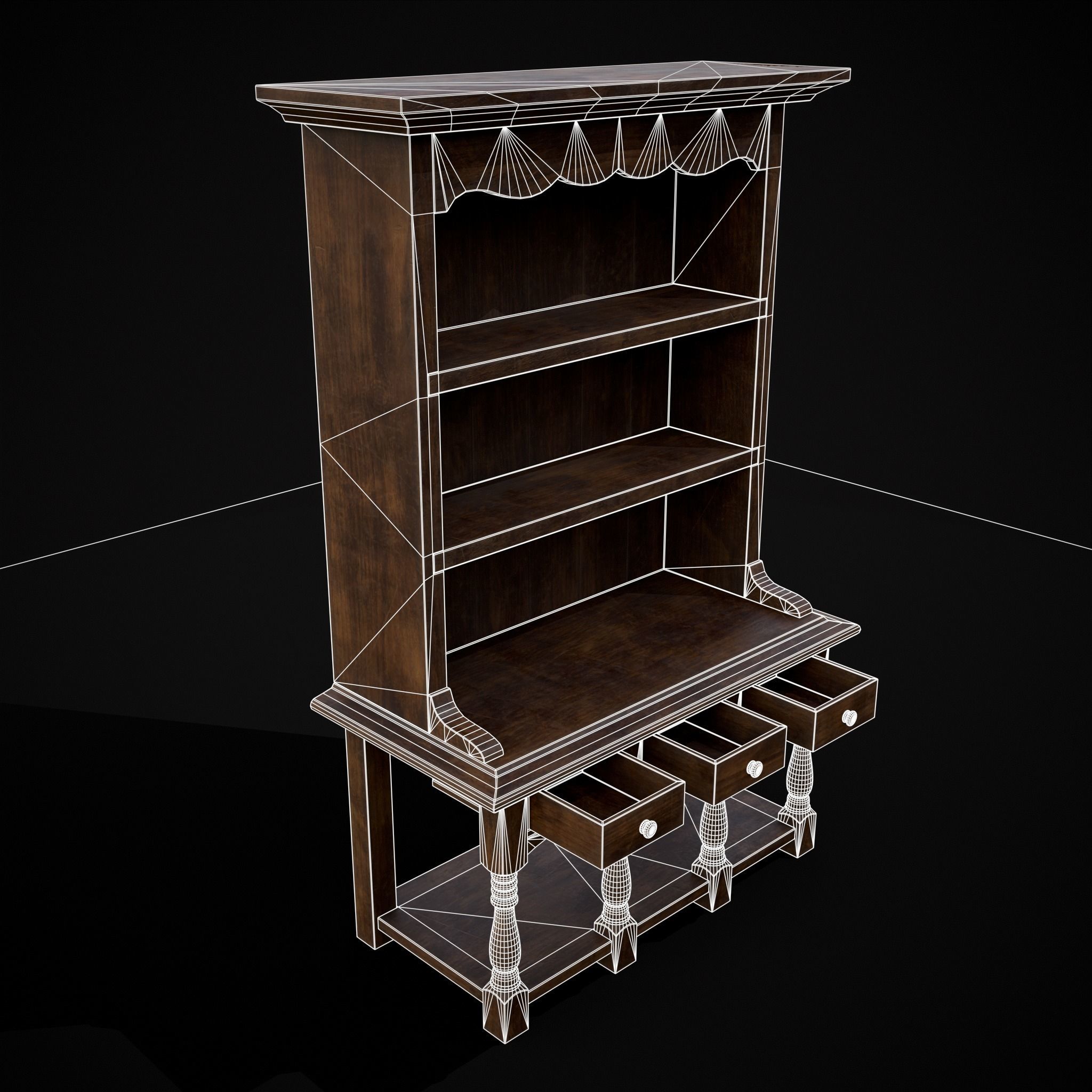 Wooden Three Drawer Standard Bookcase Shelf Low-poly 3D model_14