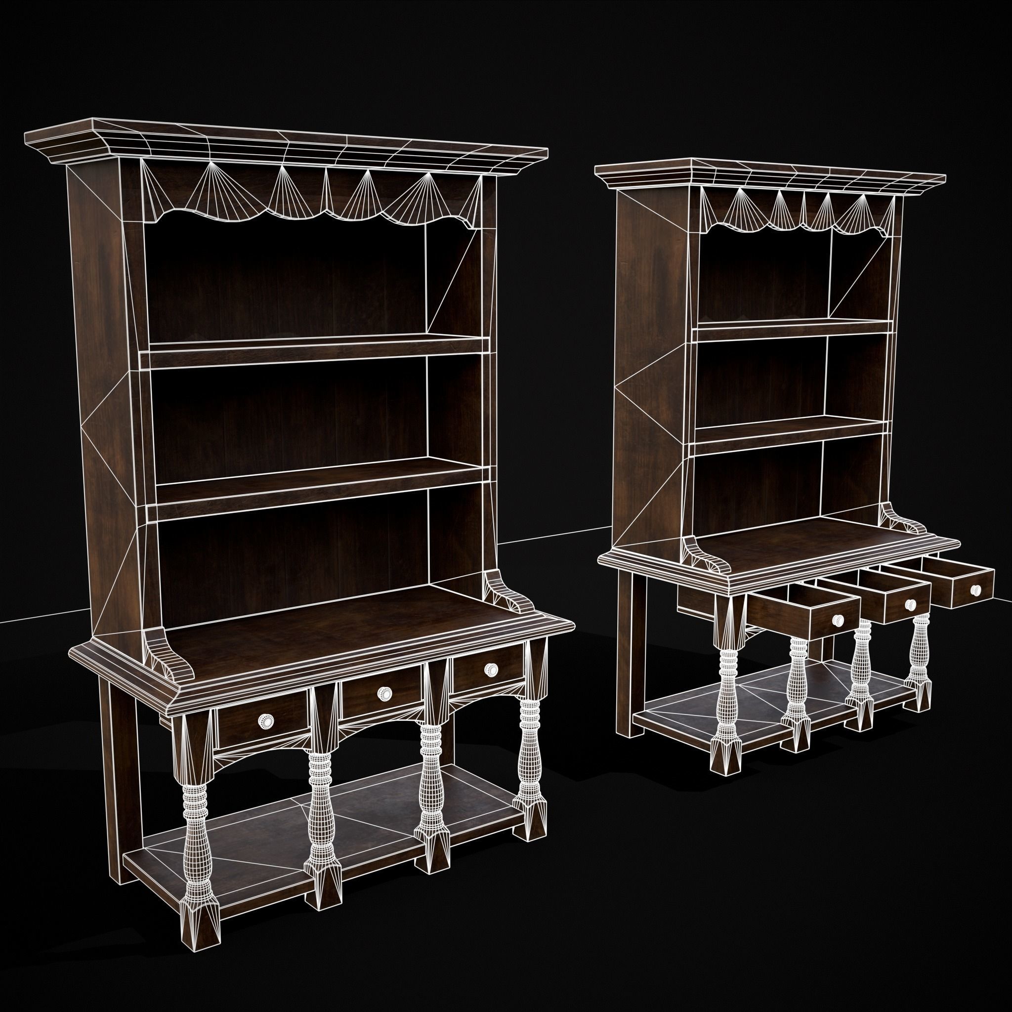 Wooden Three Drawer Standard Bookcase Shelf Low-poly 3D model_26