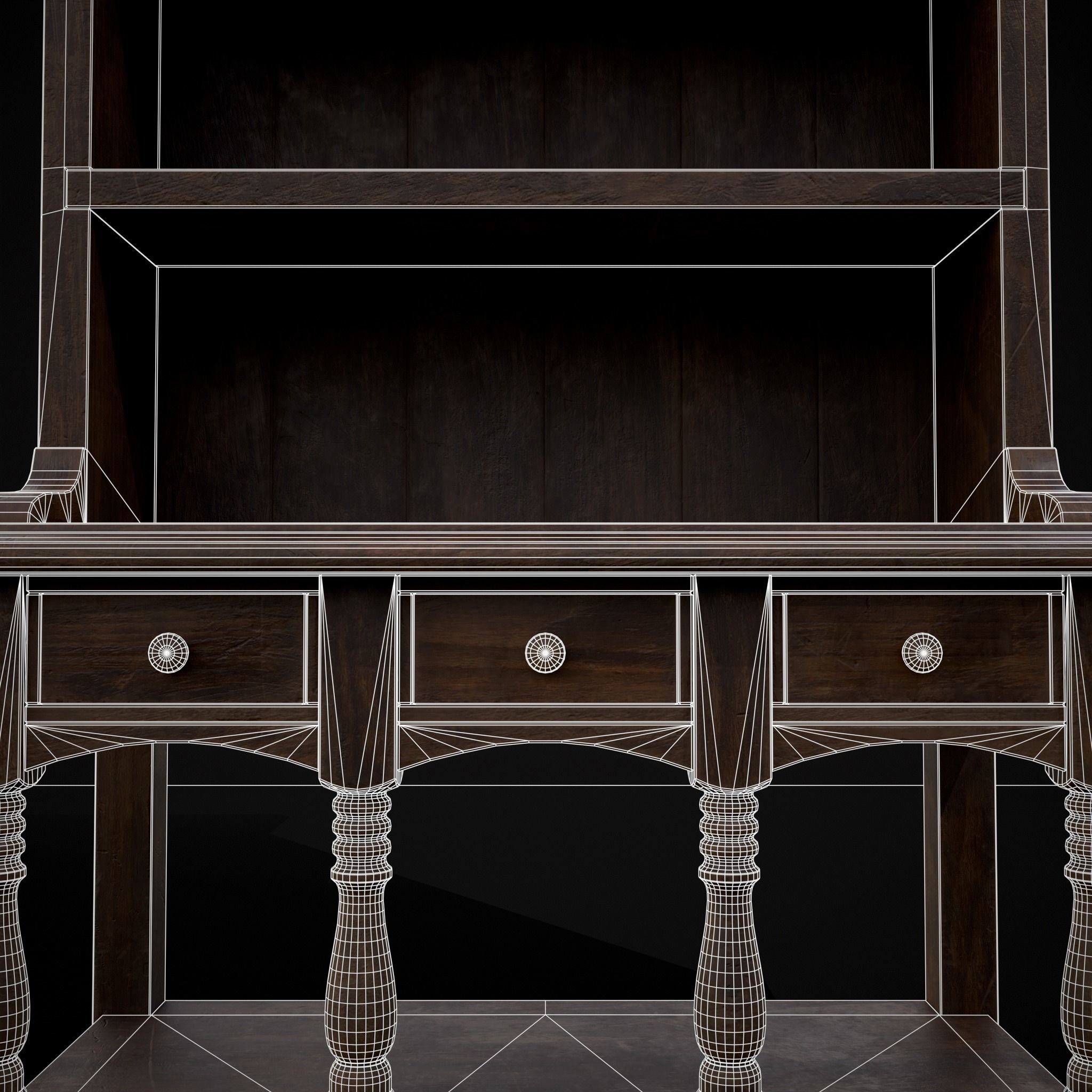 Wooden Three Drawer Standard Bookcase Shelf Low-poly 3D model_8