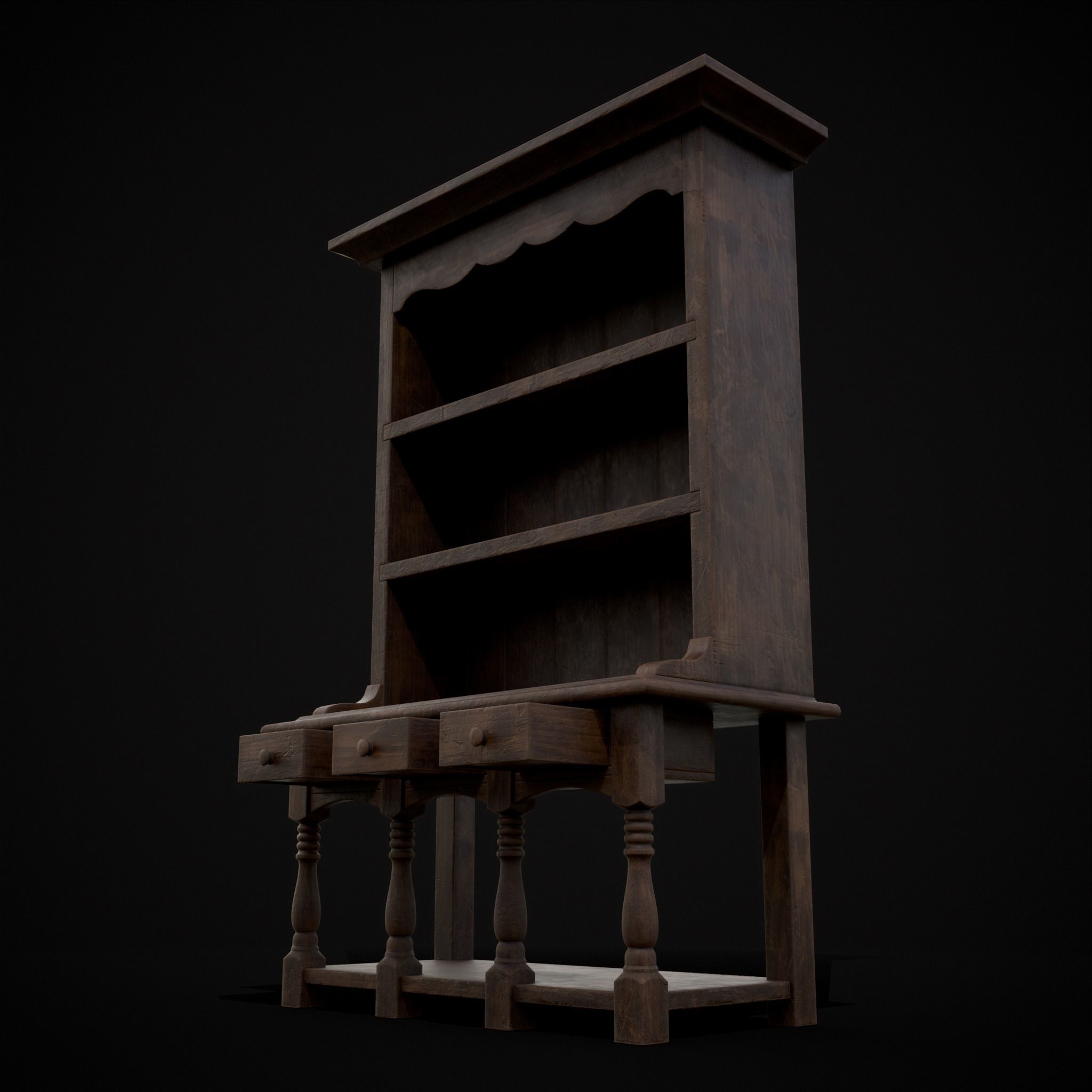 Wooden Three Drawer Standard Bookcase Shelf Low-poly 3D model_15