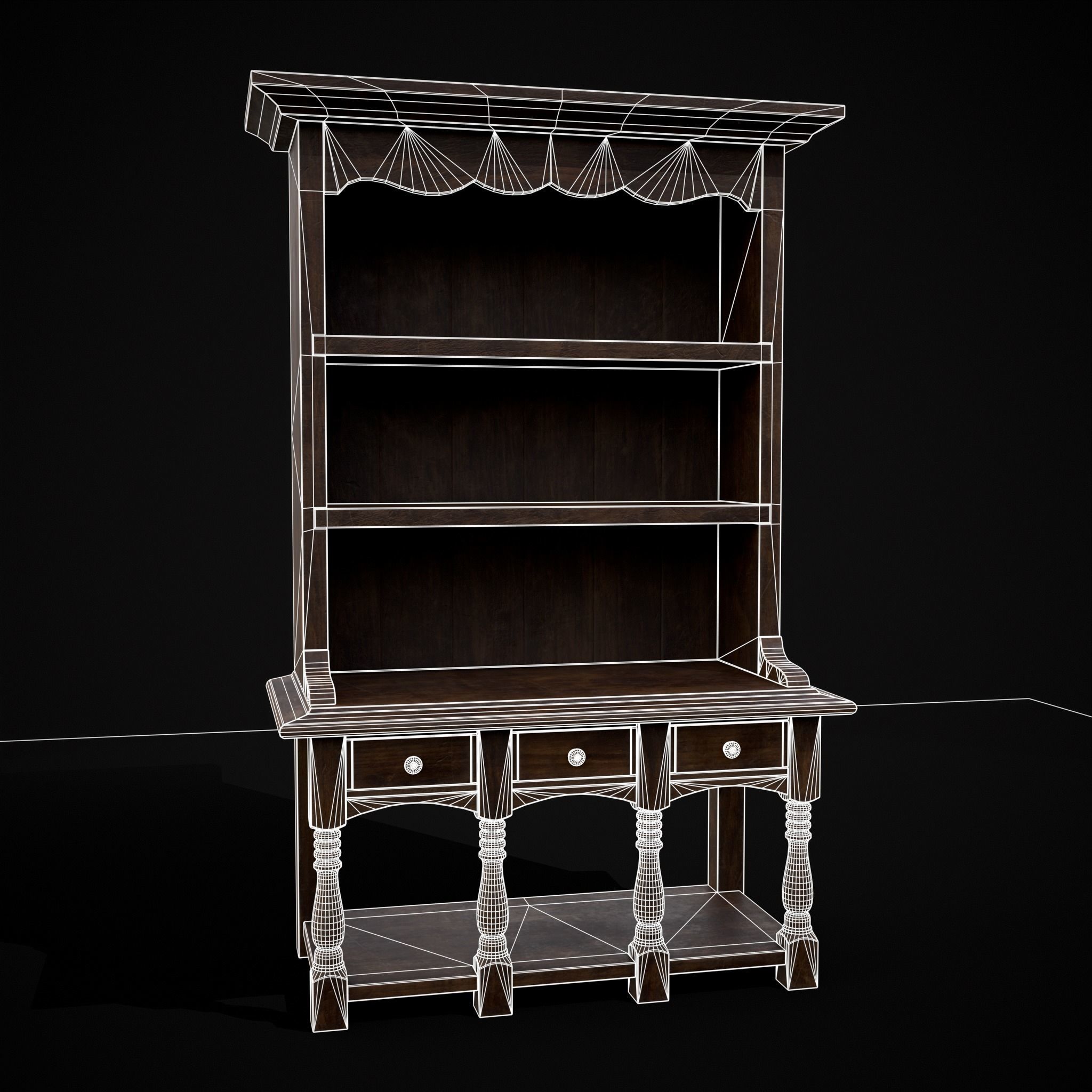 Wooden Three Drawer Standard Bookcase Shelf Low-poly 3D model_2