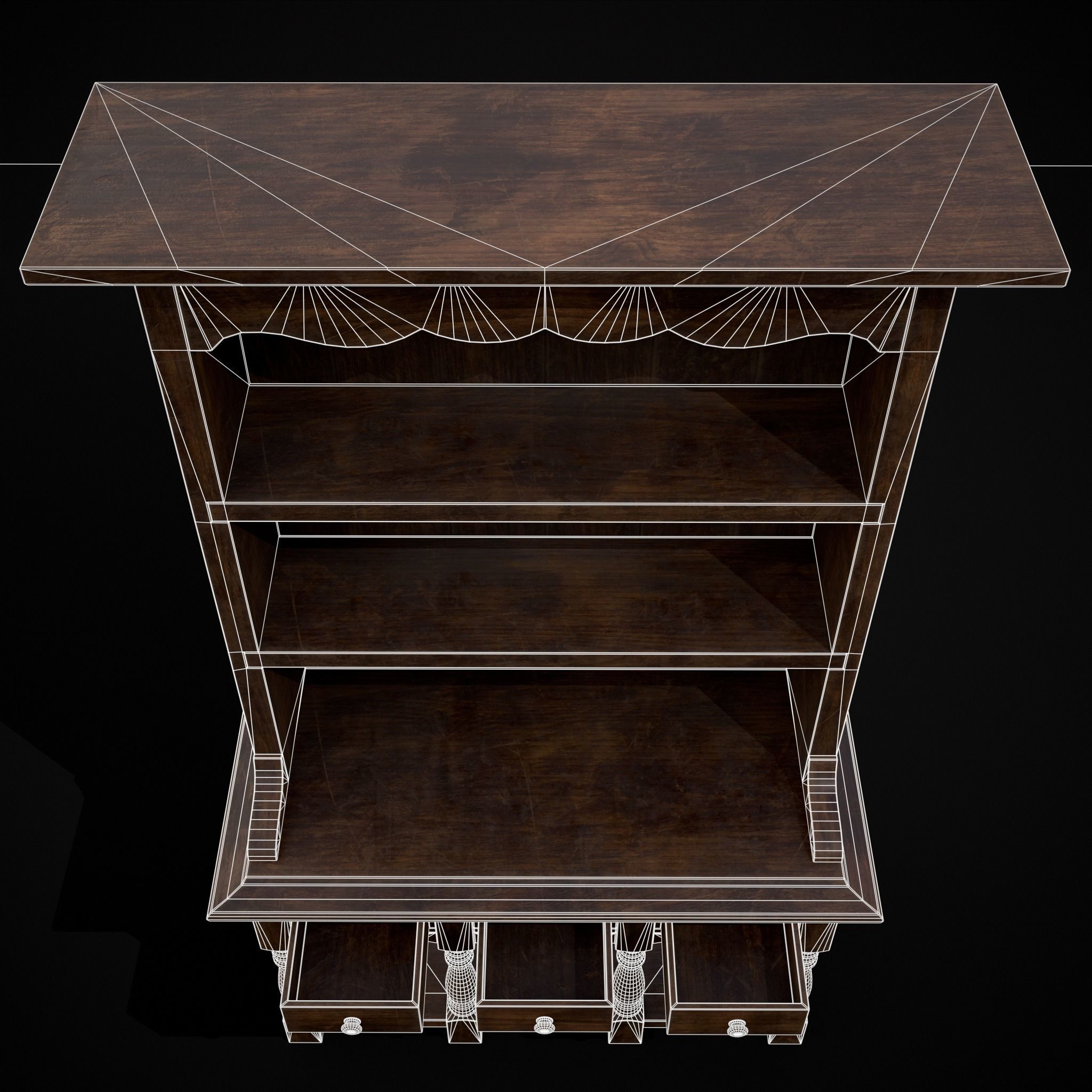 Wooden Three Drawer Standard Bookcase Shelf Low-poly 3D model_20