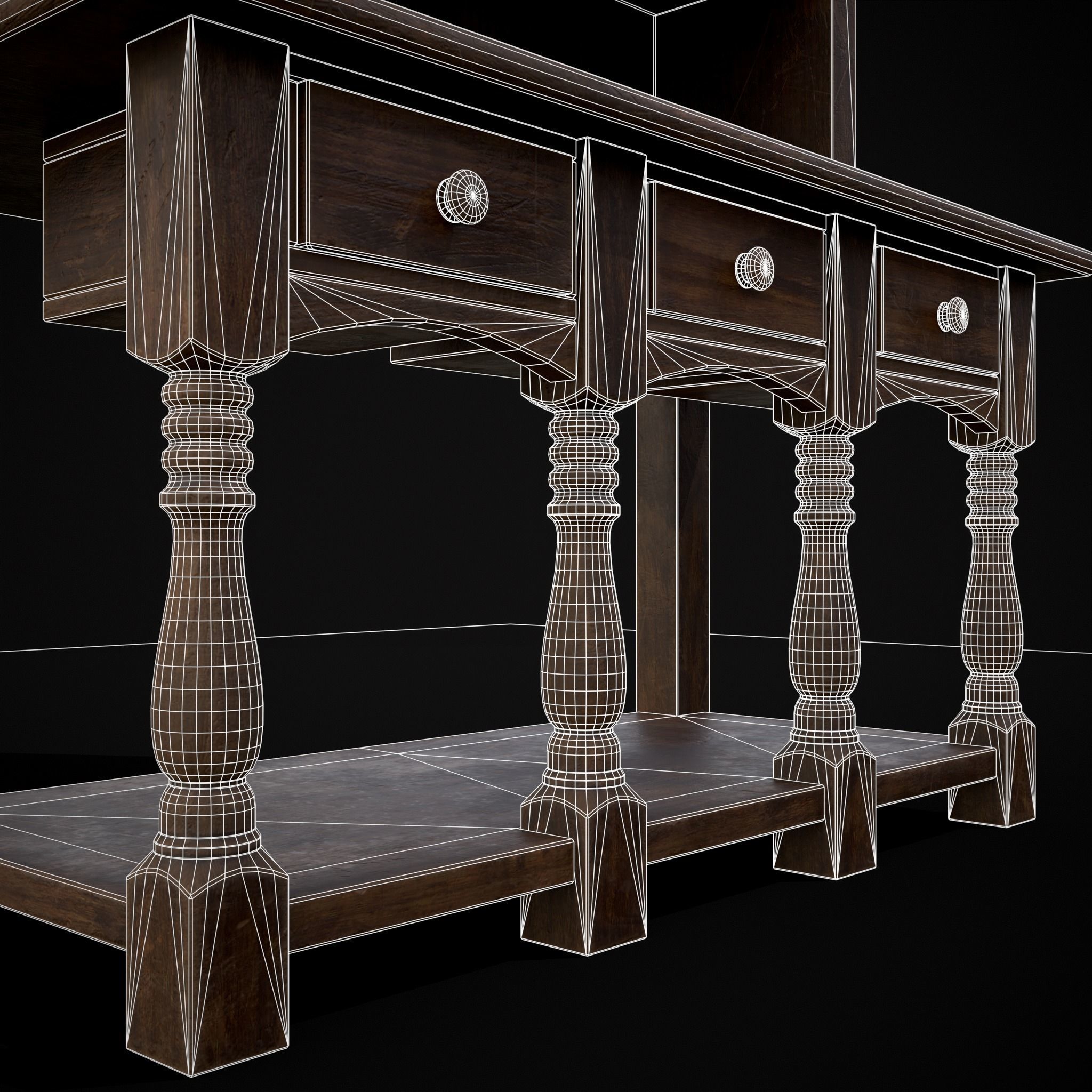 Wooden Three Drawer Standard Bookcase Shelf Low-poly 3D model_22