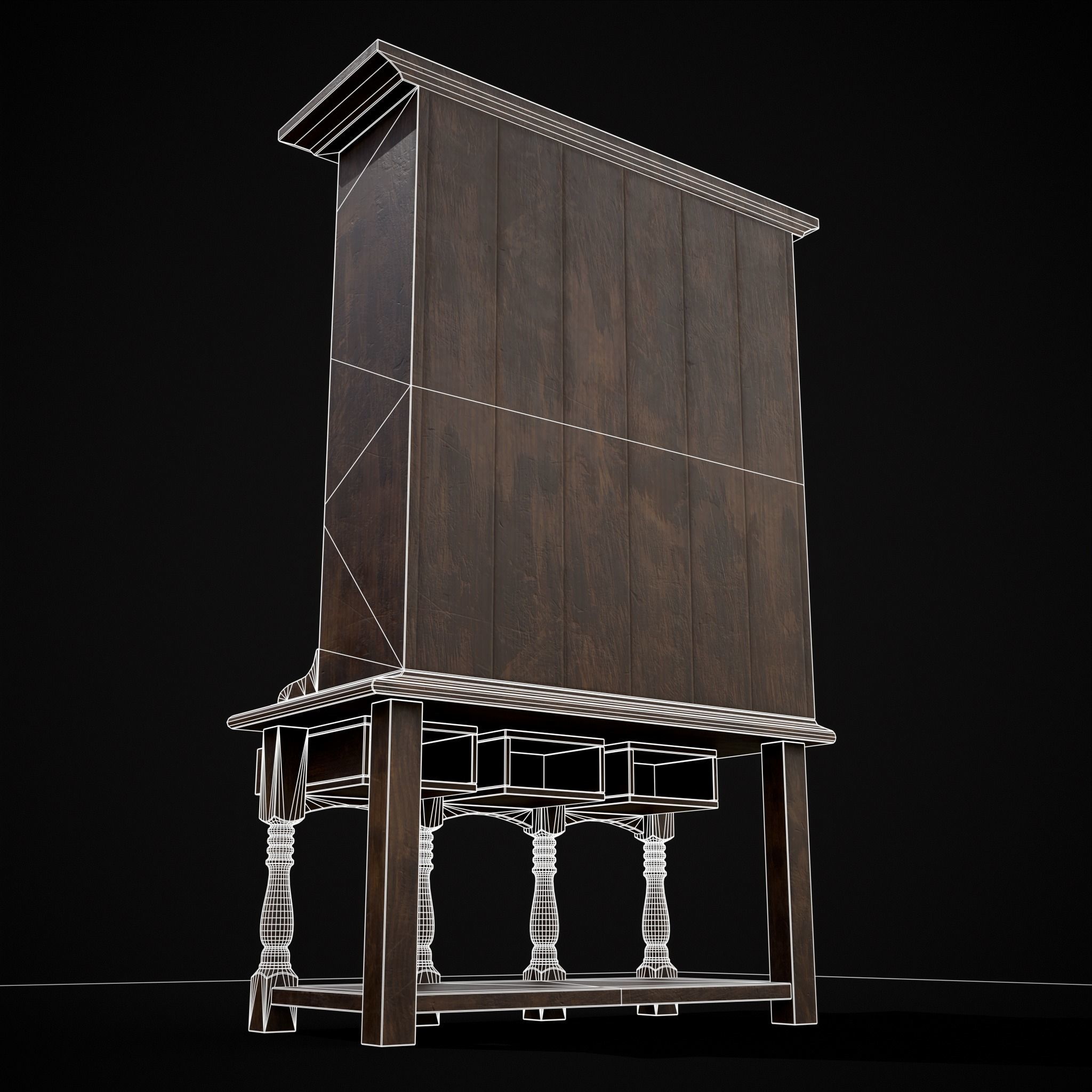 Wooden Three Drawer Standard Bookcase Shelf Low-poly 3D model_18