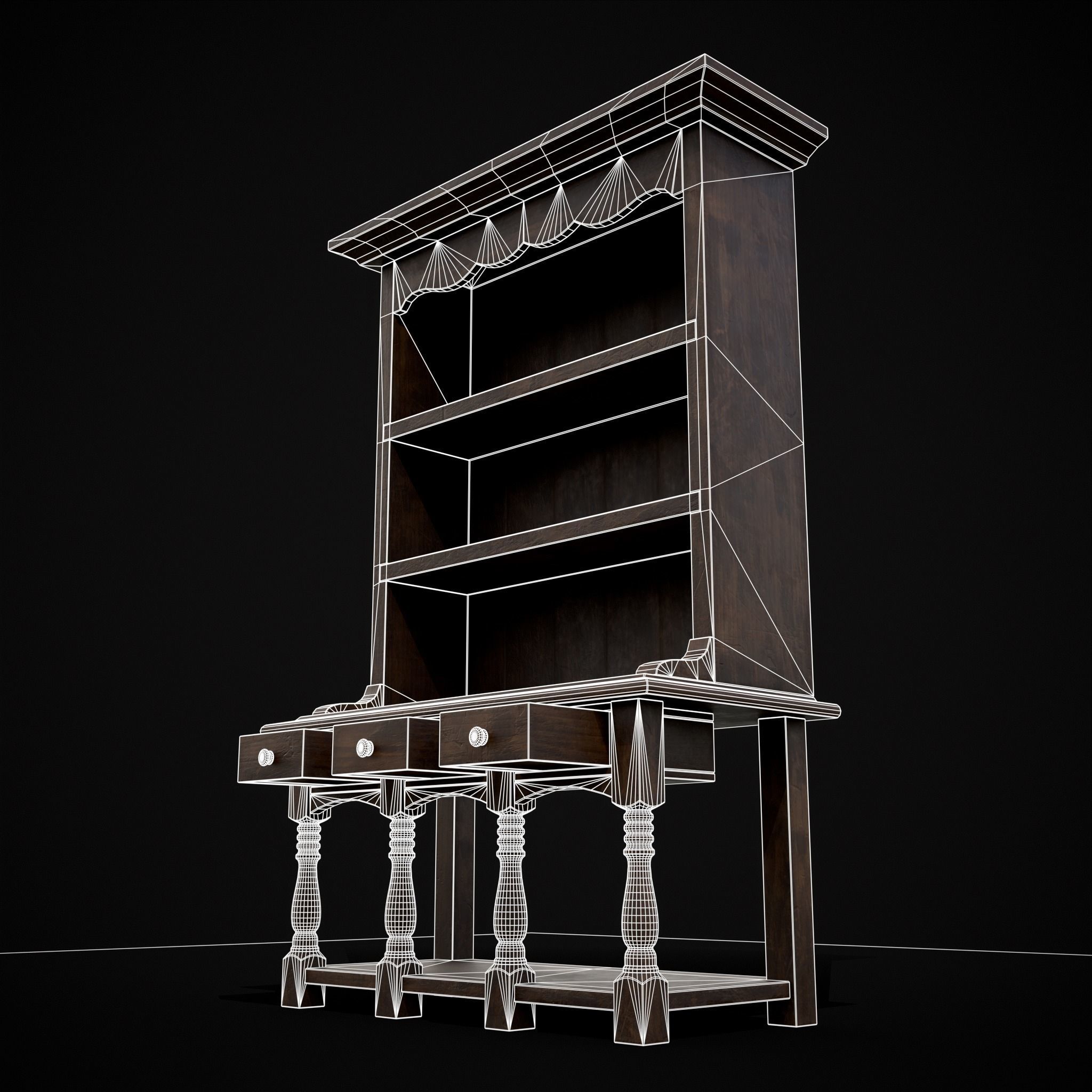 Wooden Three Drawer Standard Bookcase Shelf Low-poly 3D model_16