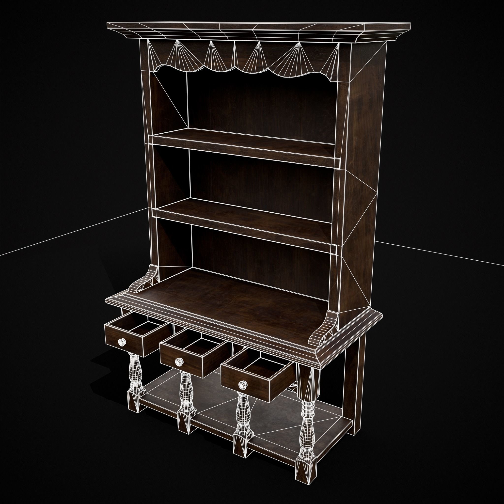 Wooden Three Drawer Standard Bookcase Shelf Low-poly 3D model_10