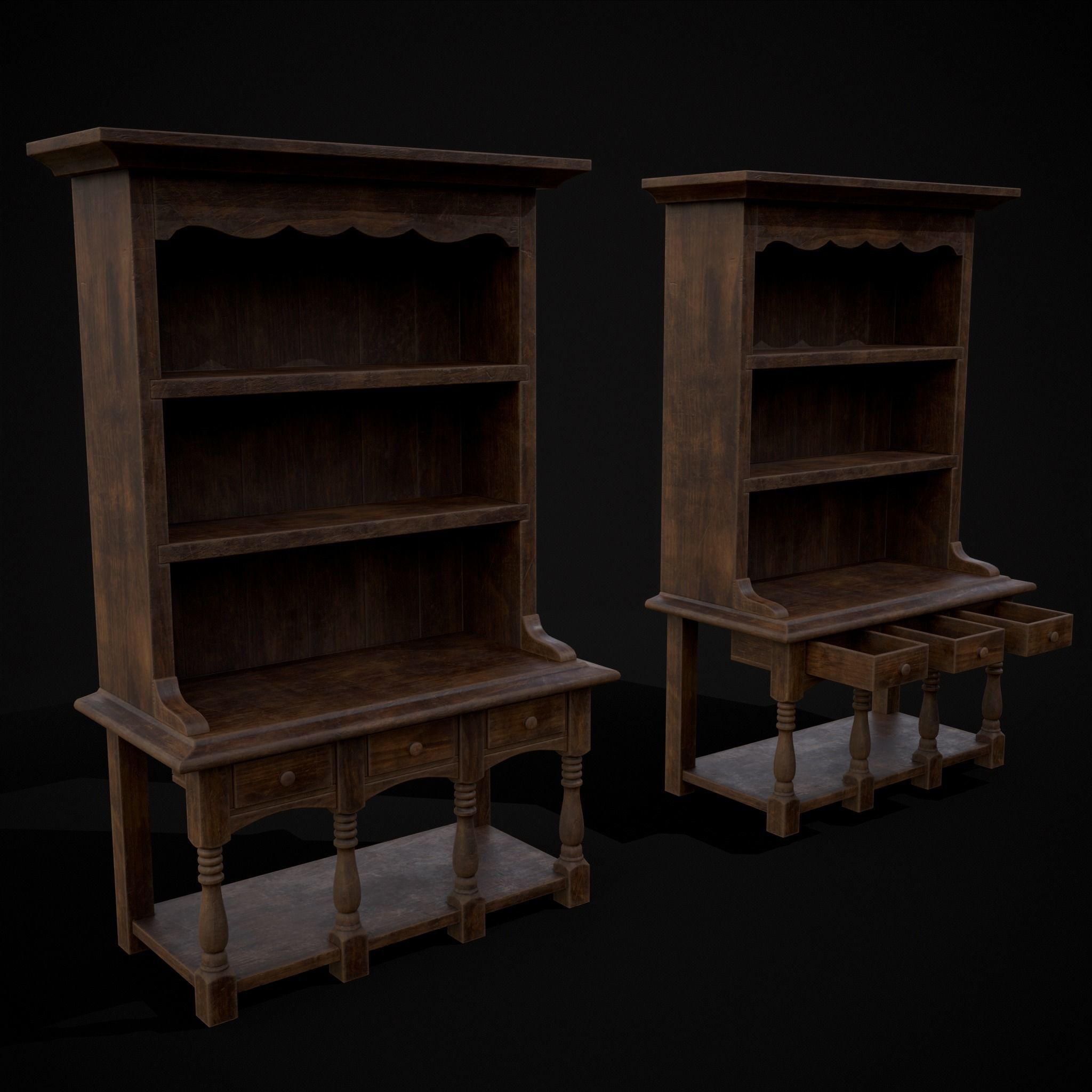 Wooden Three Drawer Standard Bookcase Shelf Low-poly 3D model_25