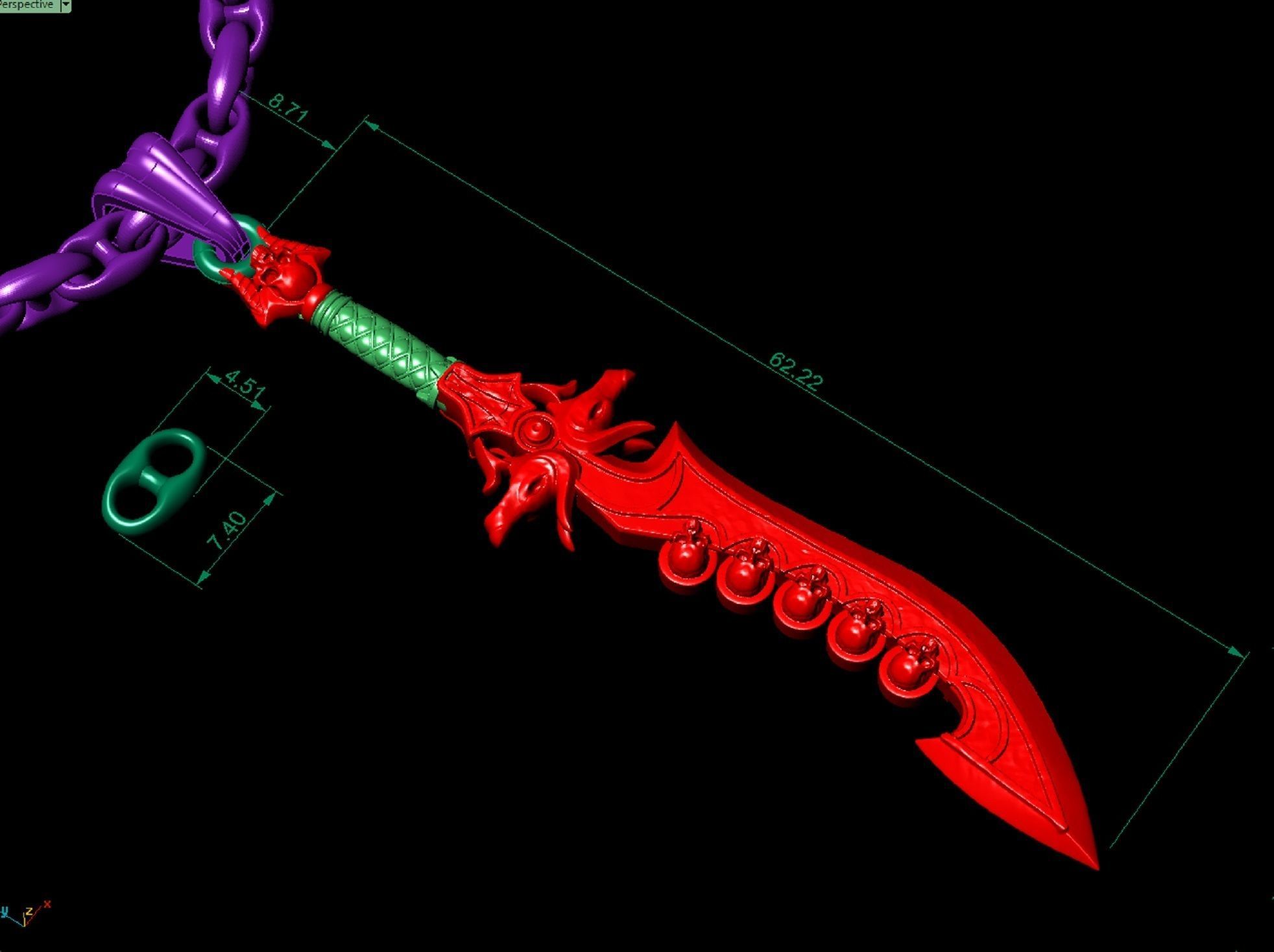 pendant sword with sculls and chain link 3D print model_2