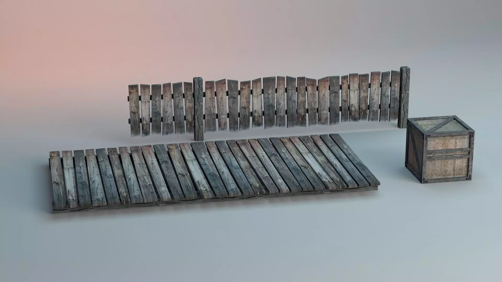 Wooden Fence And Deck And Crate Low-poly 3D model_0