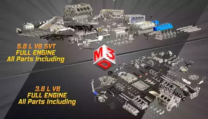 V8 and V6 Full Internal Parts - Disassembled Full Engines 3D Model Collection