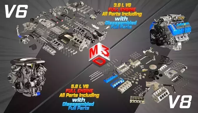 V8 and V6 Full Internal Parts with Disassembled Full Parts 3D Model Collection