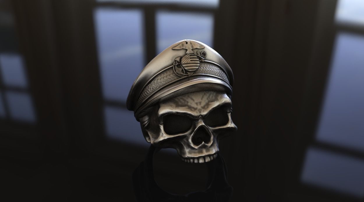 US Marine Veteran Skull Ring Stl 3D Model Silver Casting 3D print model_1