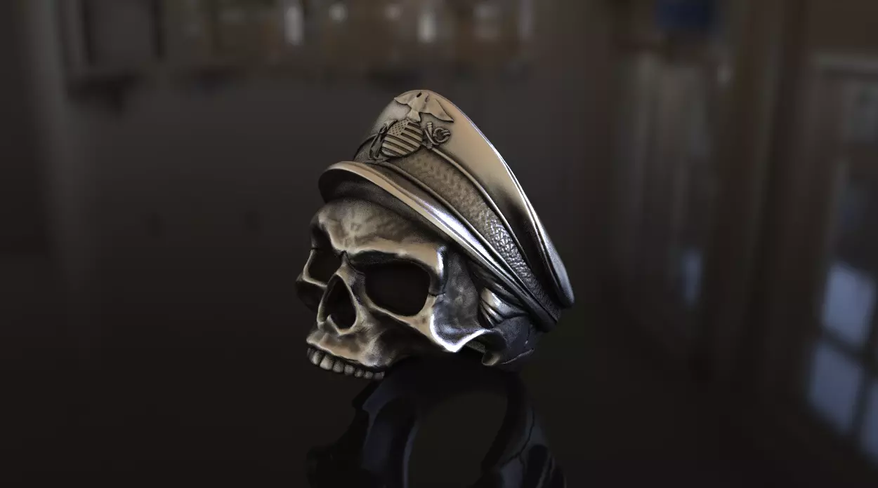 US Marine Veteran Skull Ring Stl 3D Model Silver Casting 3D print model_0