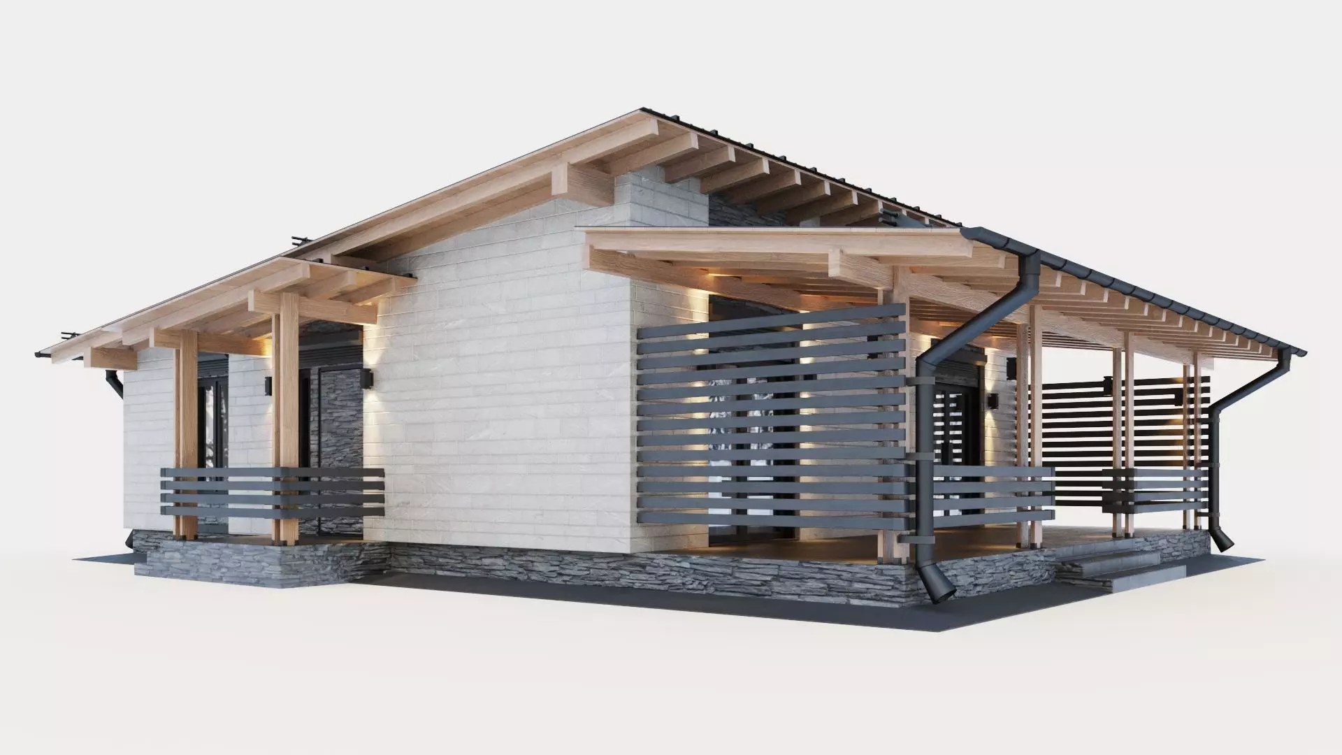 One-story cottage with a large terrace 3D model_0