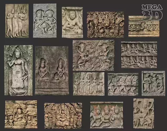 Ancient Khmer Temple Wall modular Ultra HD 16K Texture - 221013 Low-poly 3D model