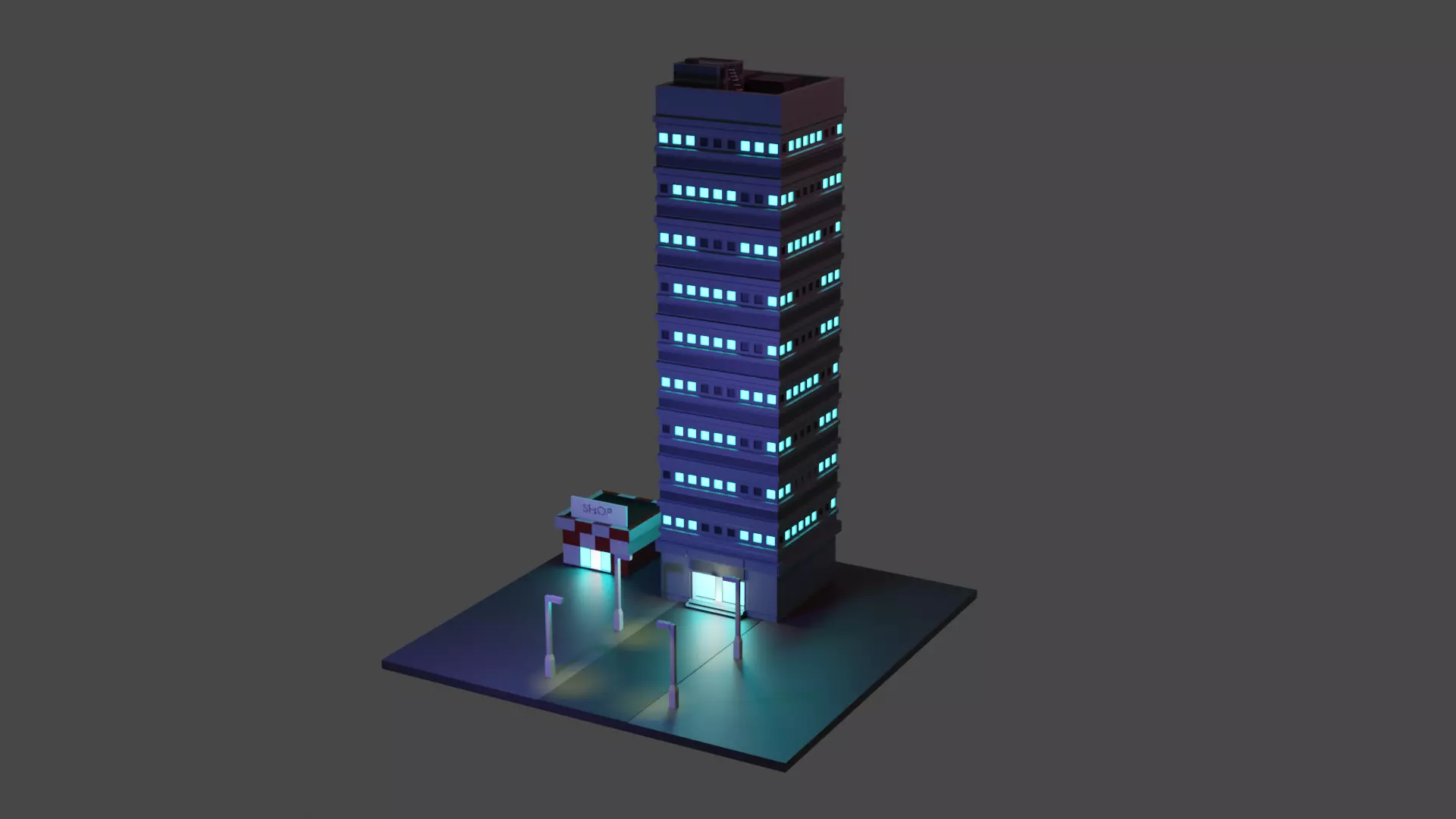 City center single building and shop at night Free low-poly 3D model