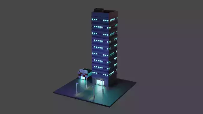 City center single building and shop at night 