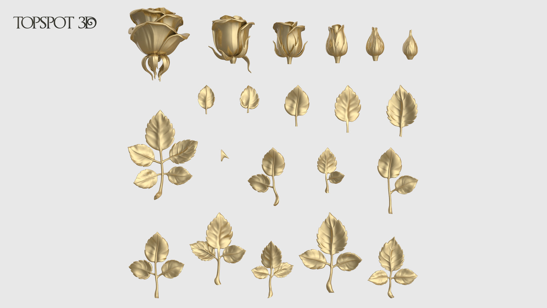 Rose Buds And Leaves Set 3D print model_5