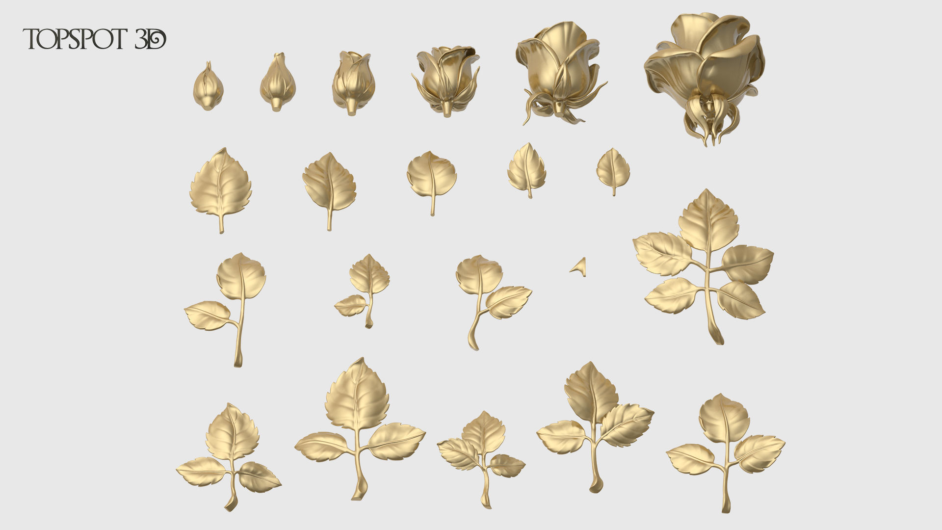 Rose Buds And Leaves Set 3D print model_4