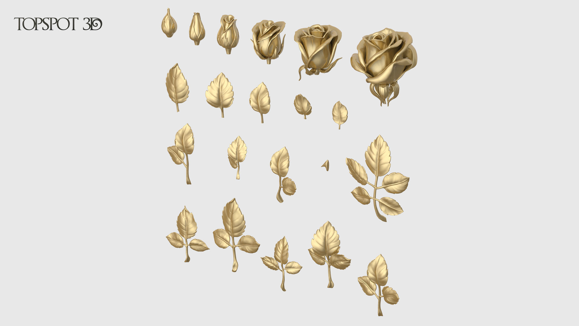 Rose Buds And Leaves Set 3D print model_2