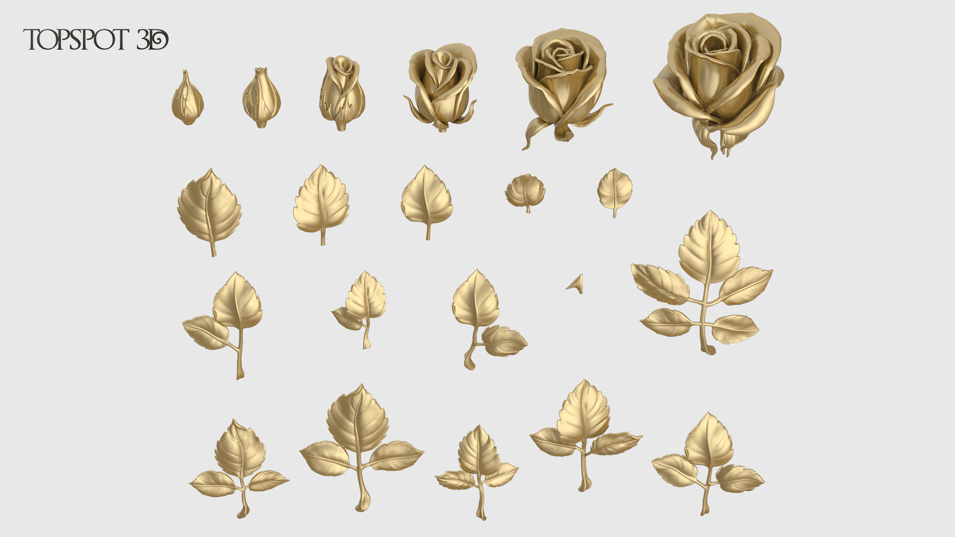 Rose Buds And Leaves Set 3D print model_3