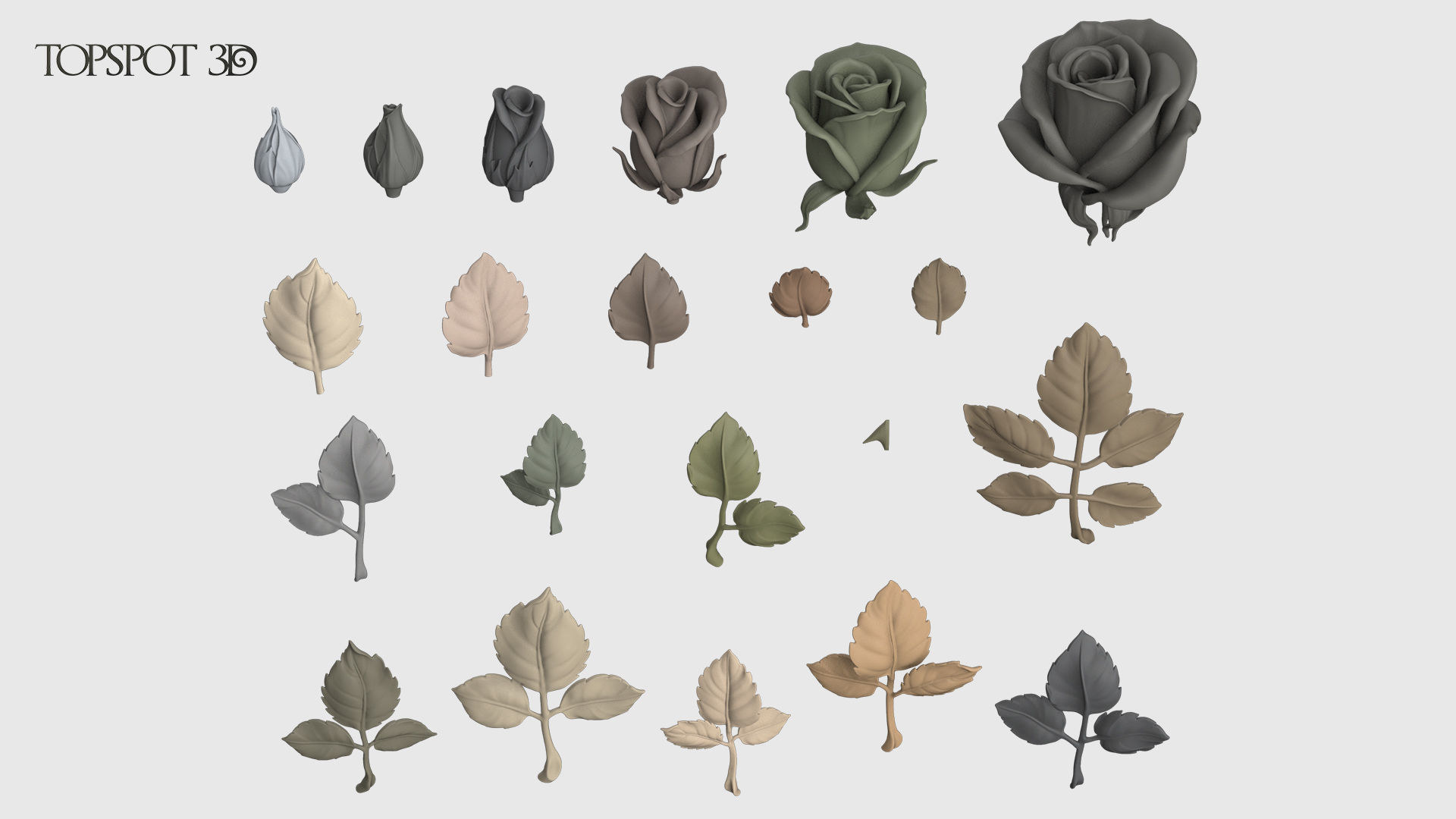 Rose Buds And Leaves Set 3D print model_9