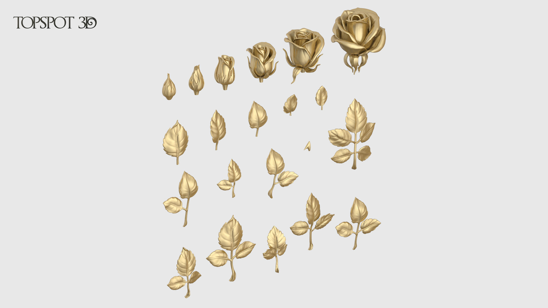Rose Buds And Leaves Set 3D print model_1