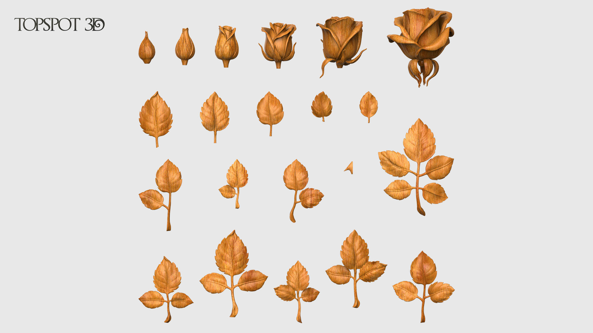 Rose Buds And Leaves Set 3D print model_8