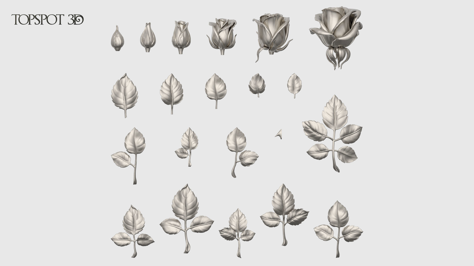 Rose Buds And Leaves Set 3D print model_6