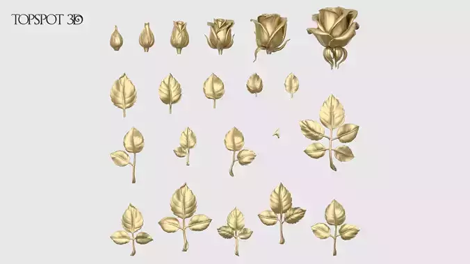 Rose Buds And Leaves Set 3D print model