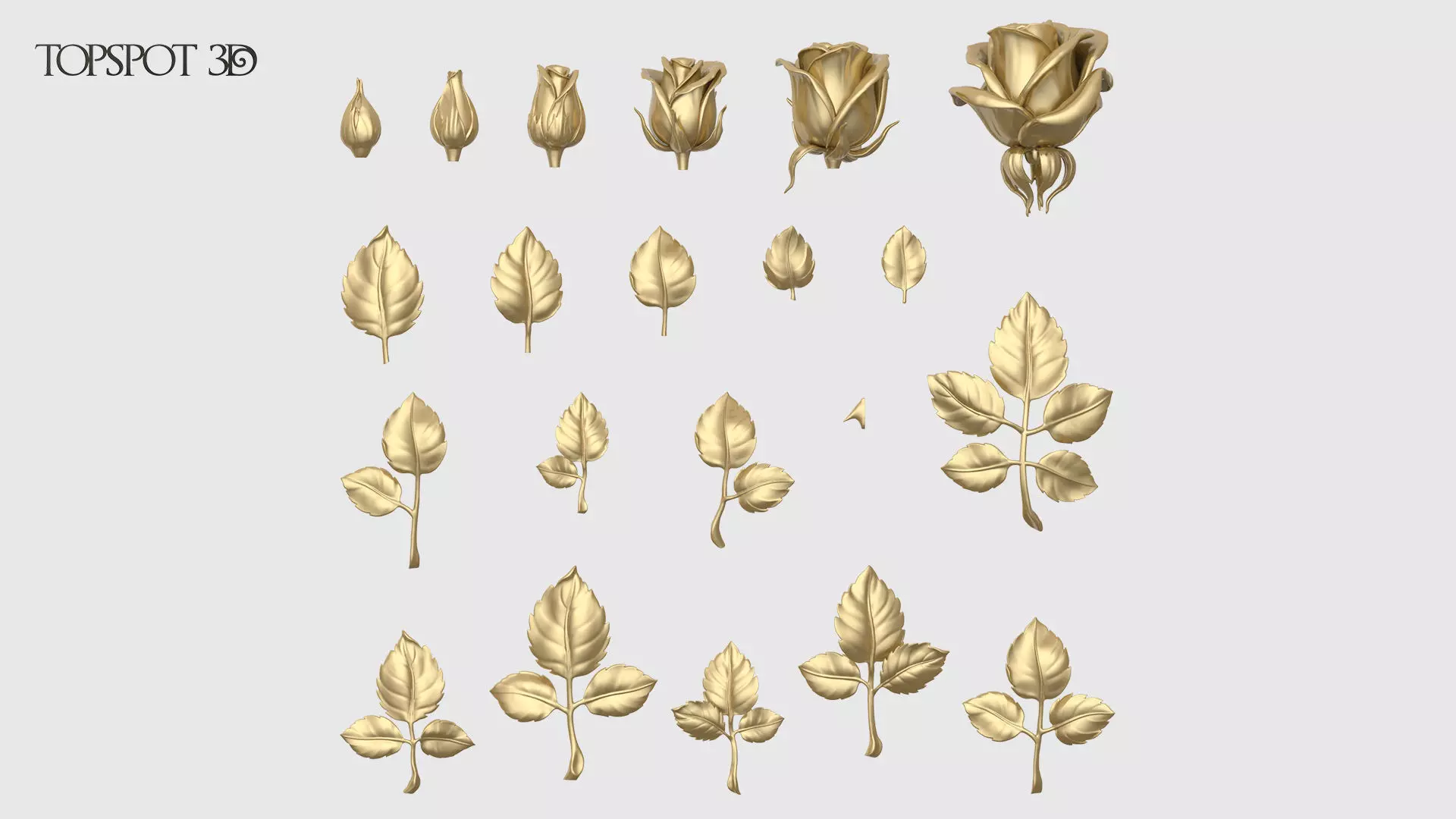 Rose Buds And Leaves Set 3D print model_0