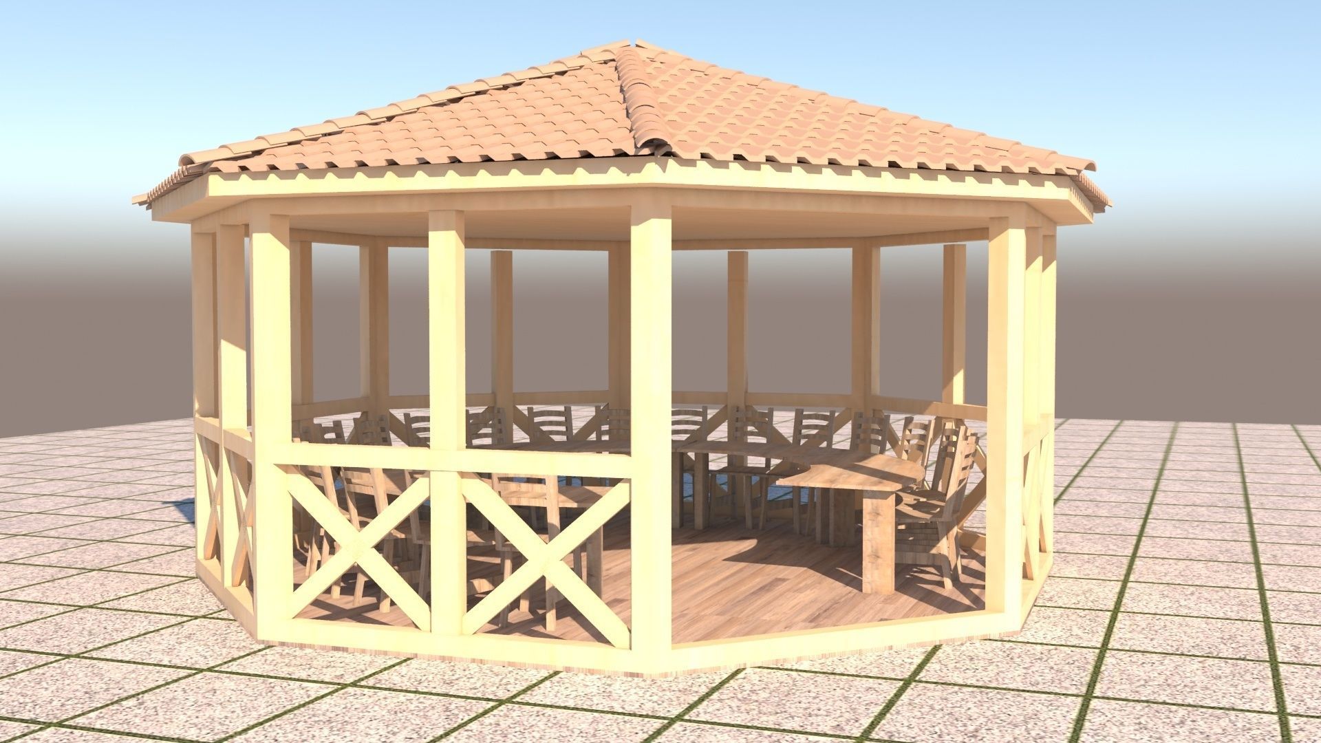 Alcove 3D wooden gazebo 3D model_3